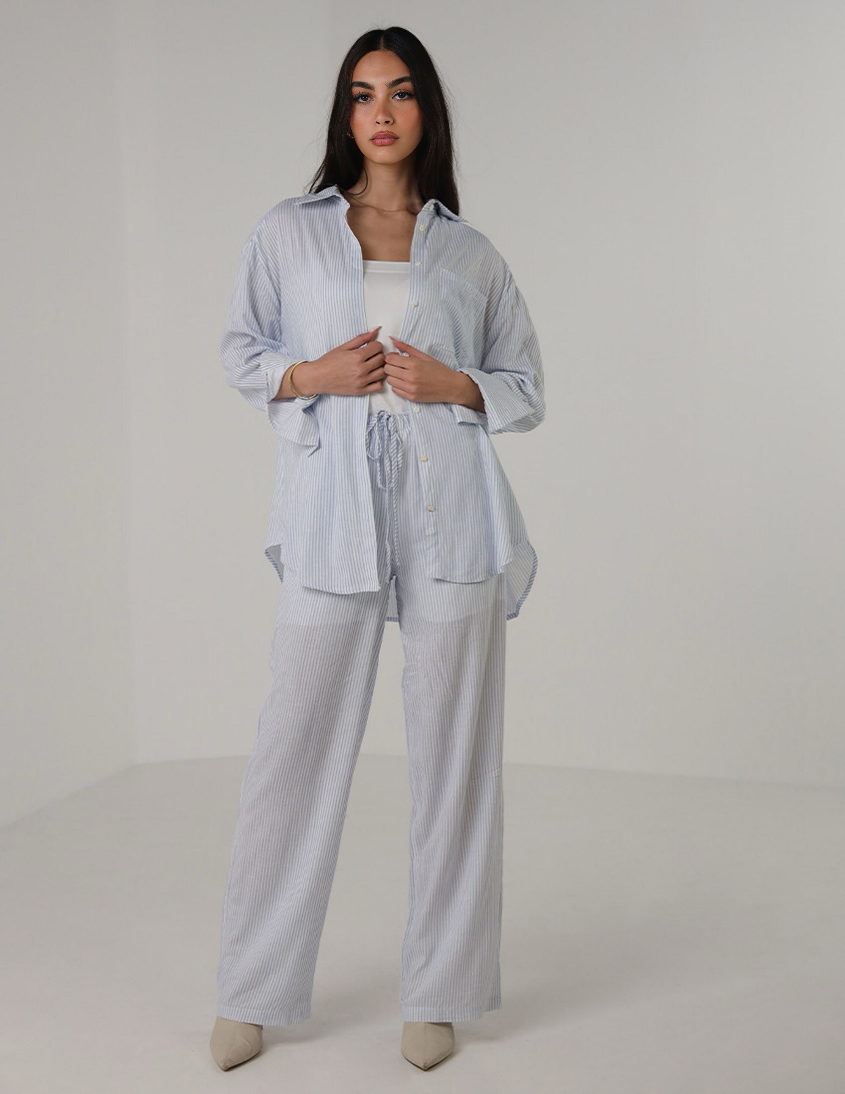 Striped Button-Up Shirt and Drawstring Pants Set