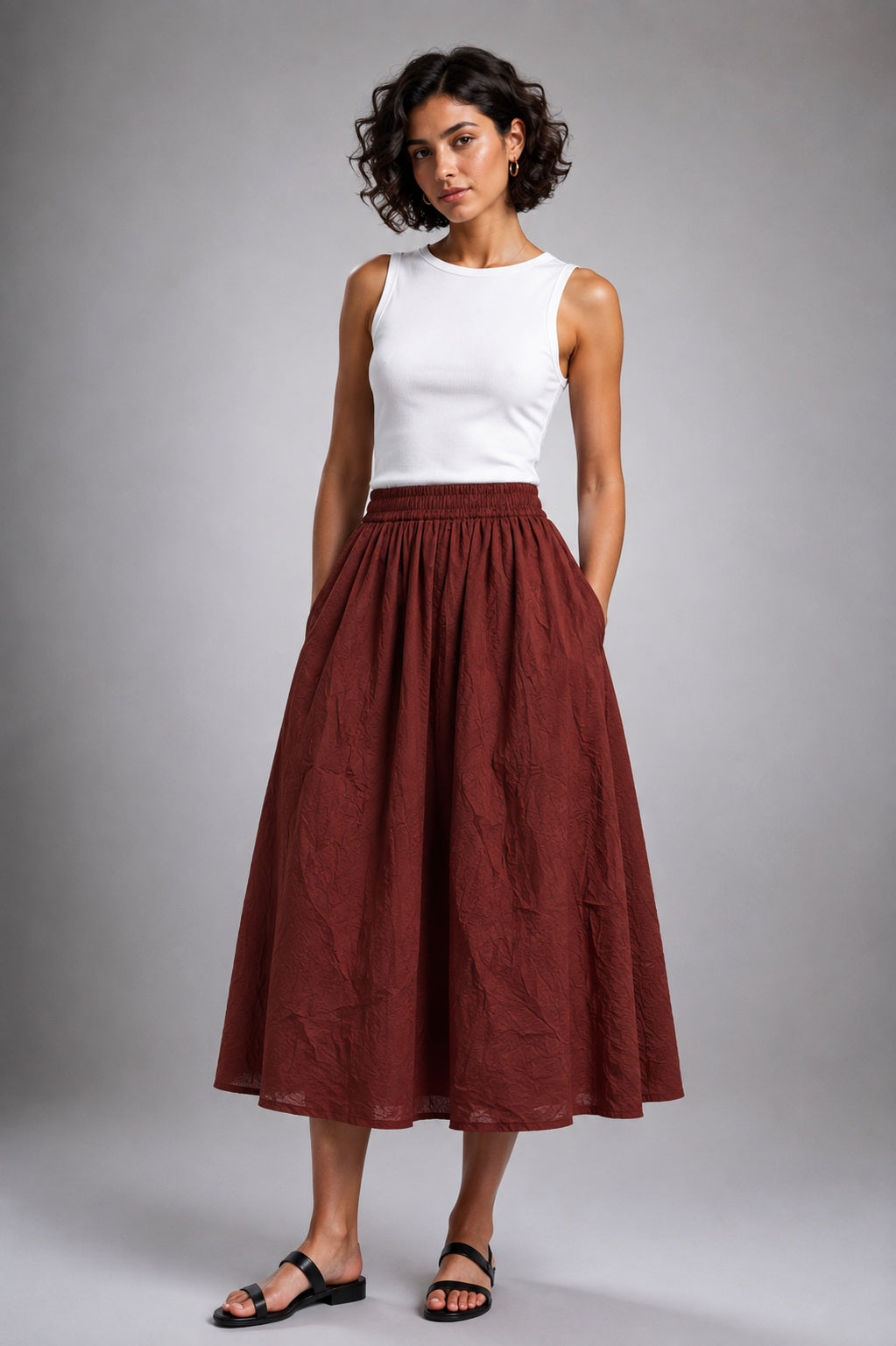 Elastic-waist midi skirt