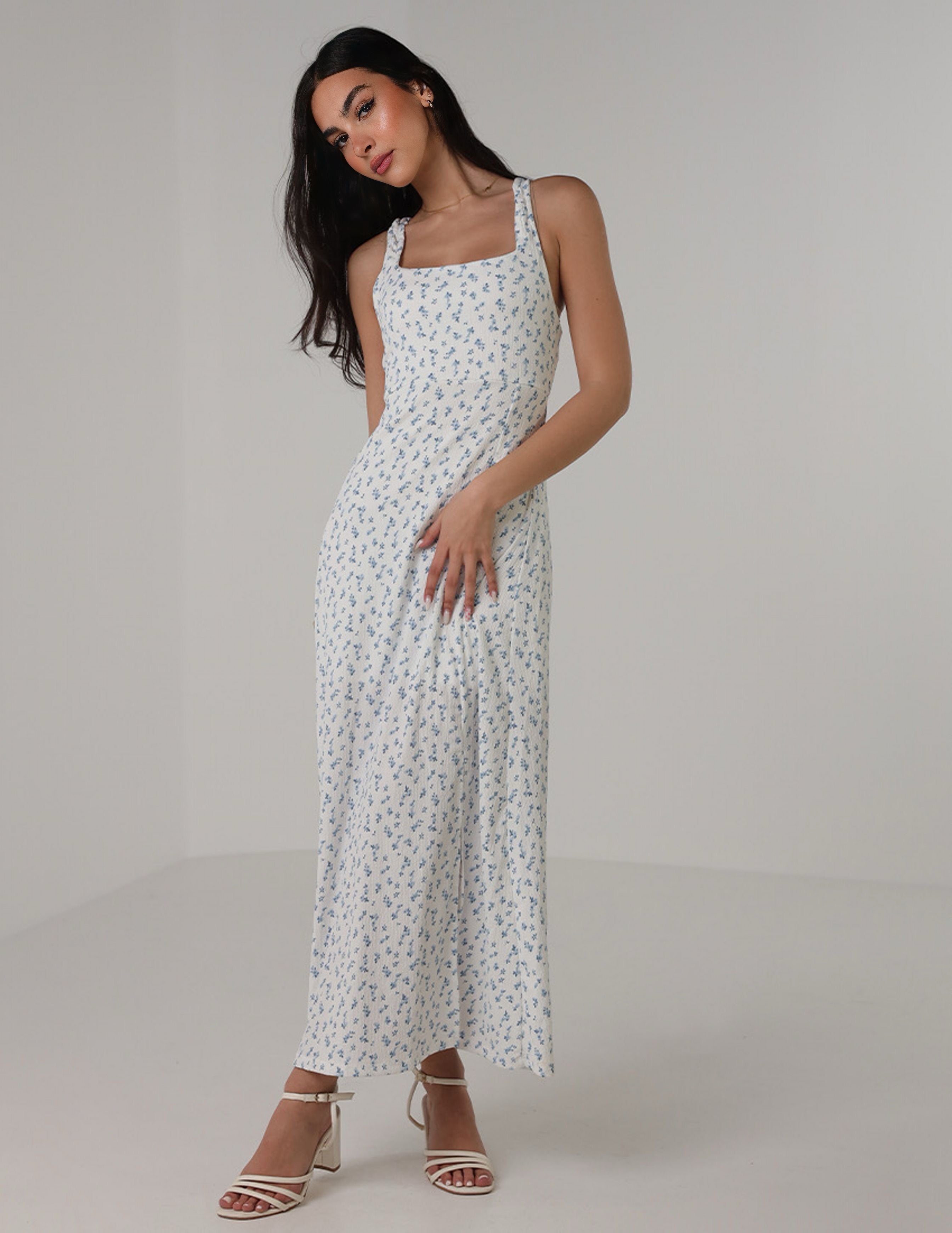 Baby Blue Floral Print Maxi Dress