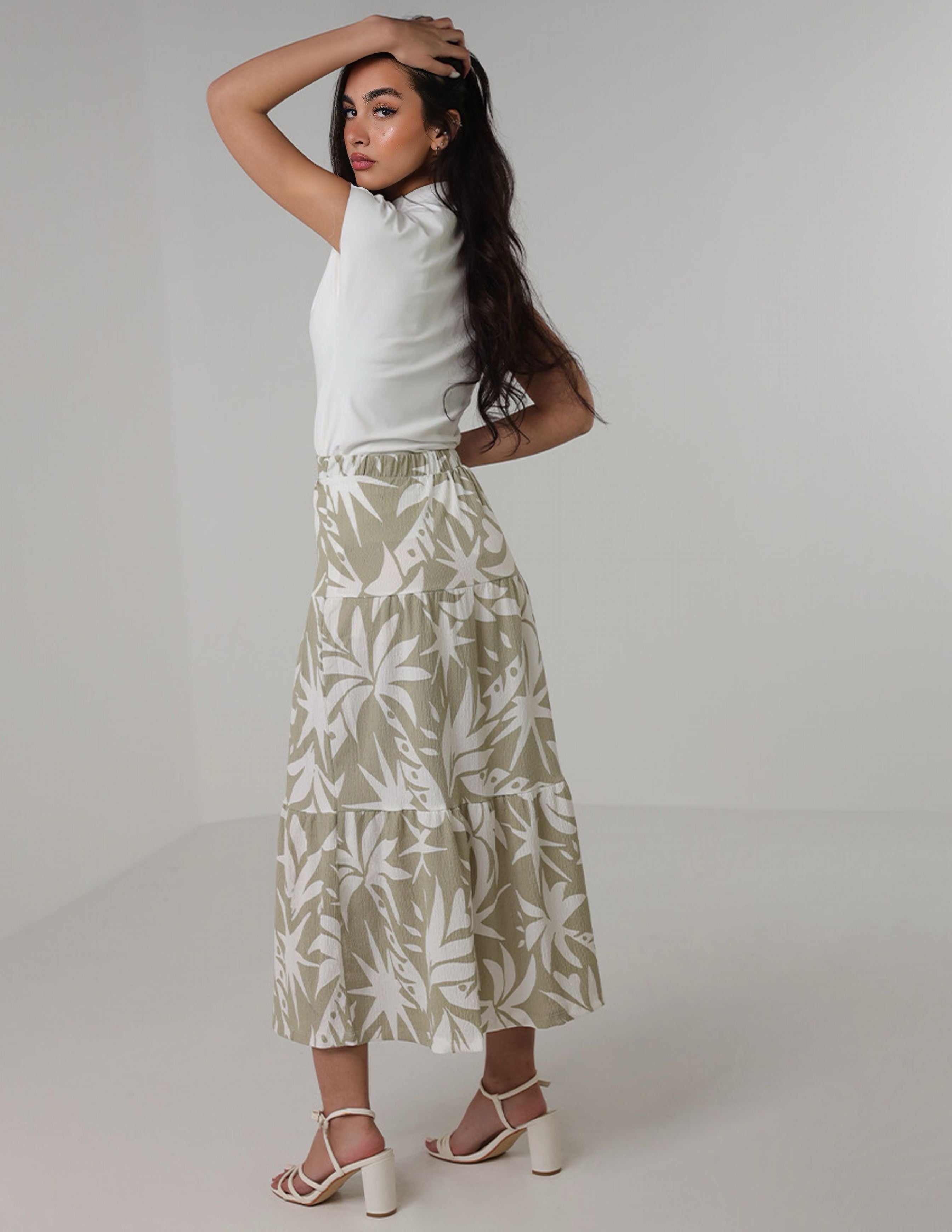 Palm Print Tiered Skirt