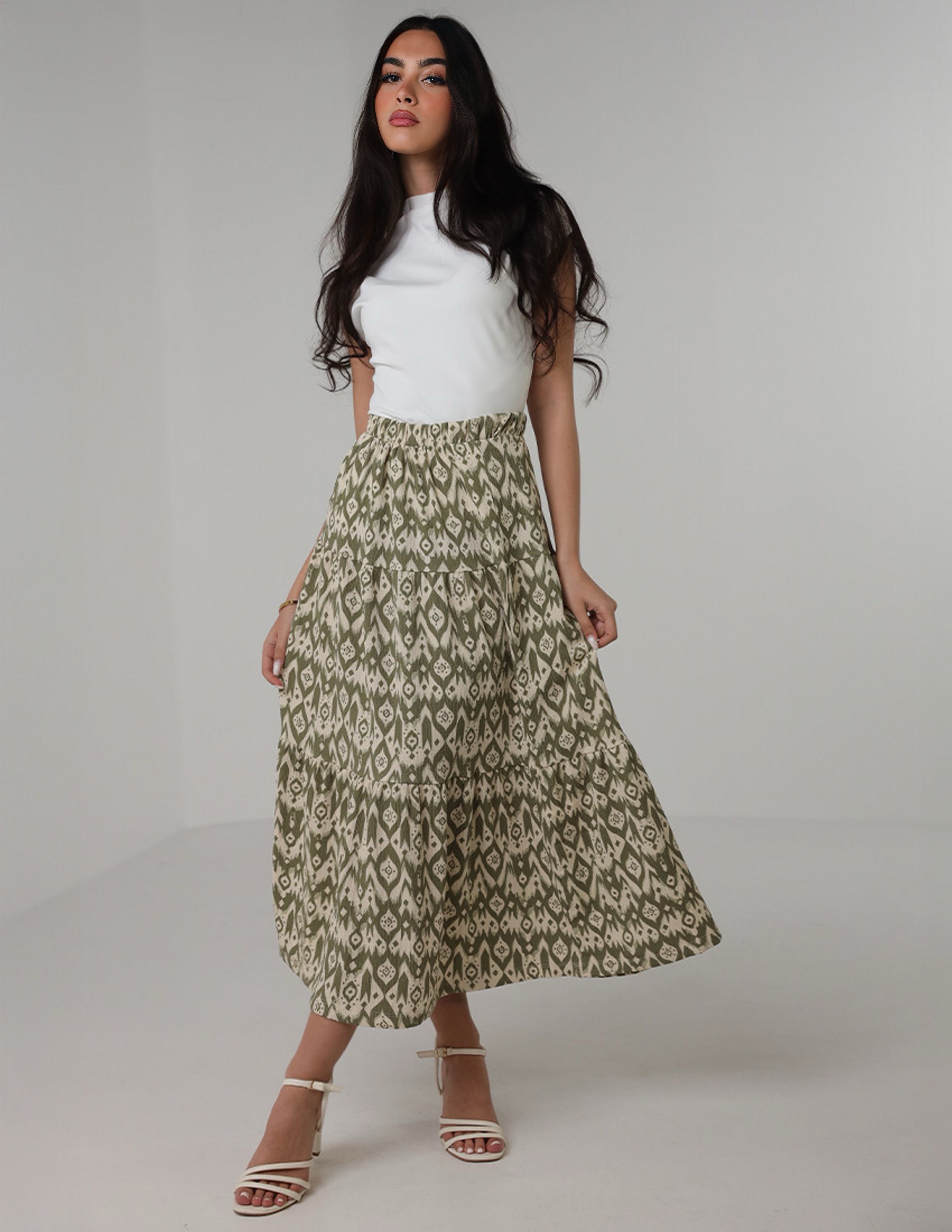 Olive Green Printed Tiered Skirt