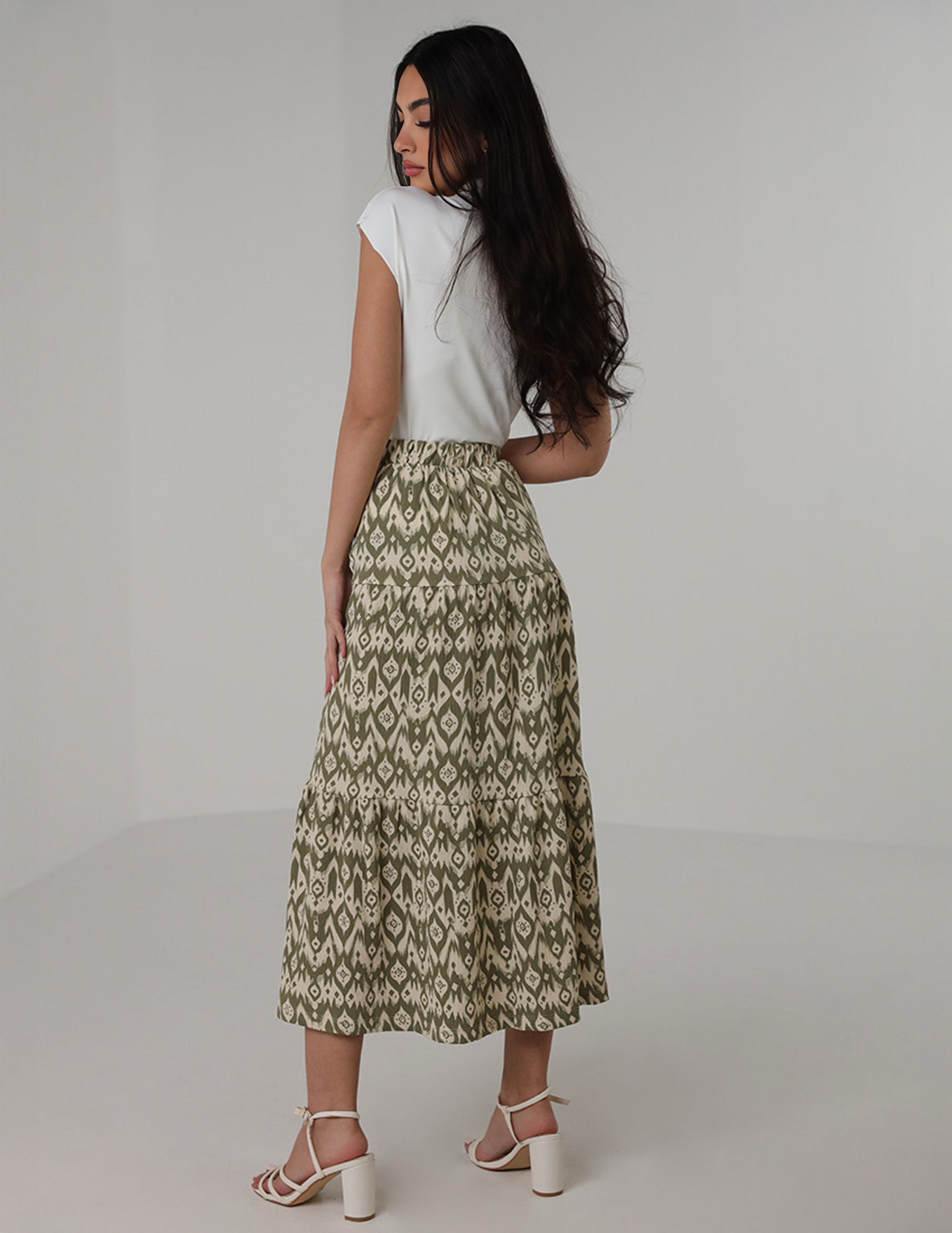 Olive Green Printed Tiered Skirt