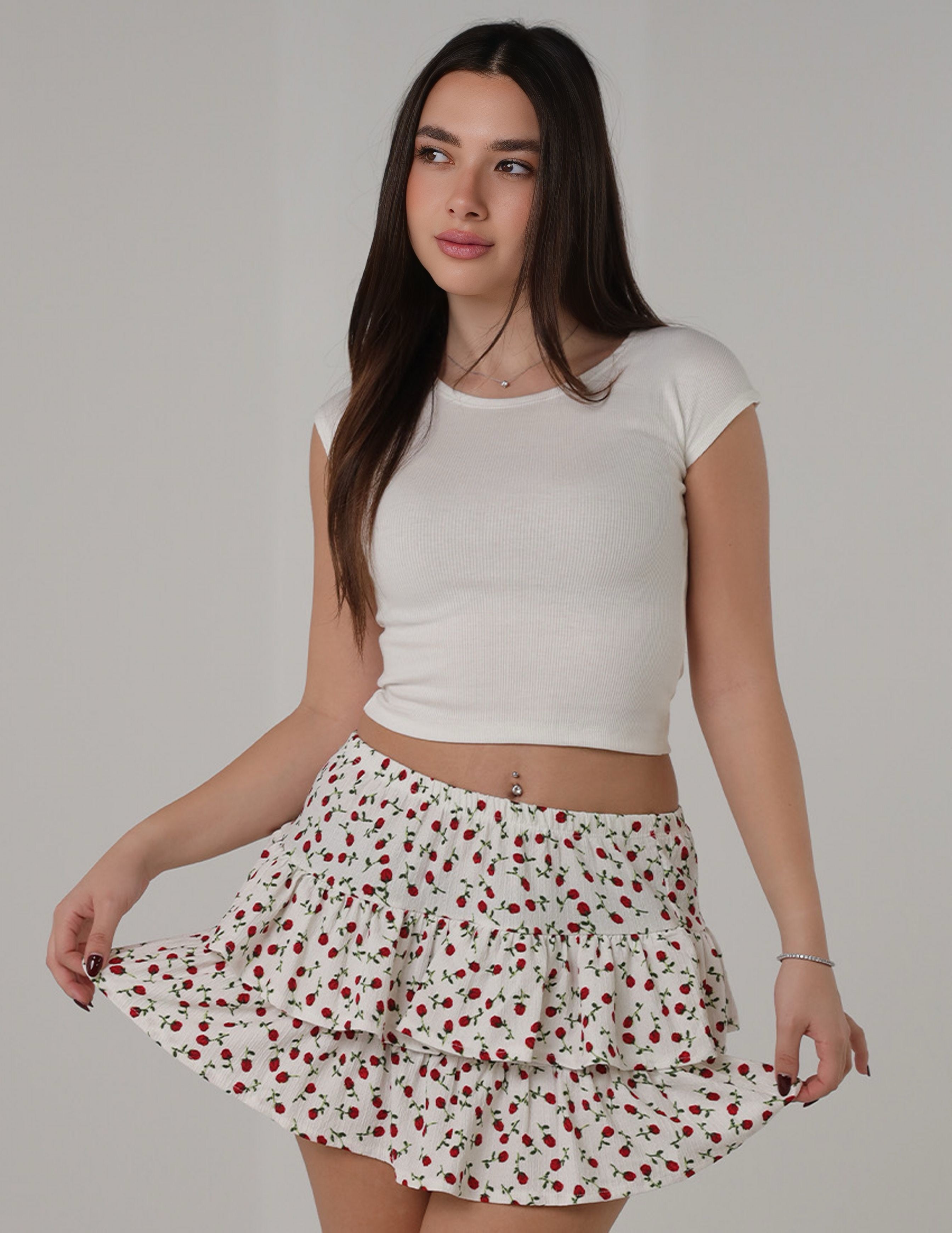 Floral Printed Tiered Mini Skirt - White & Red