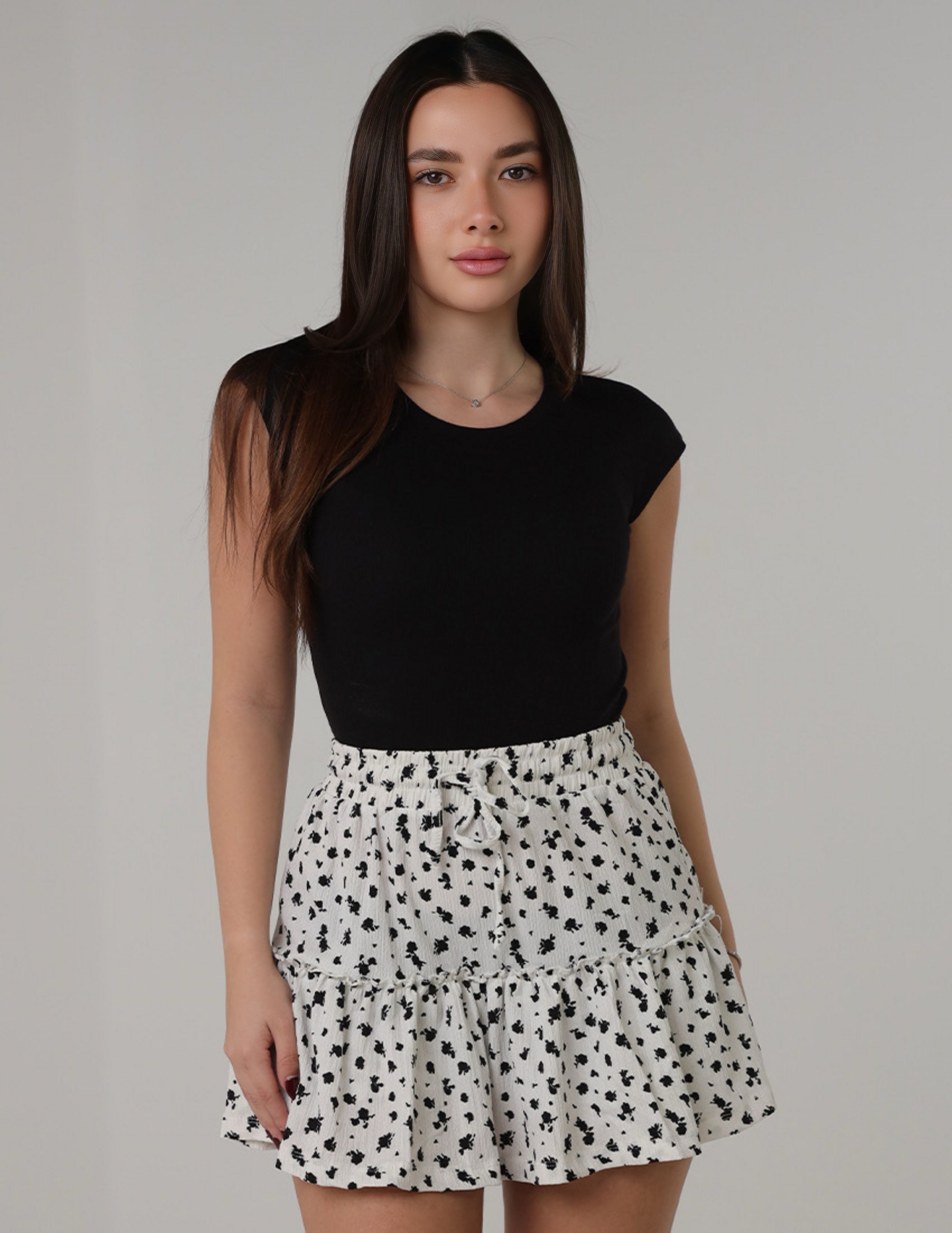 Floral Printed Tiered Mini Skirt - White & Black