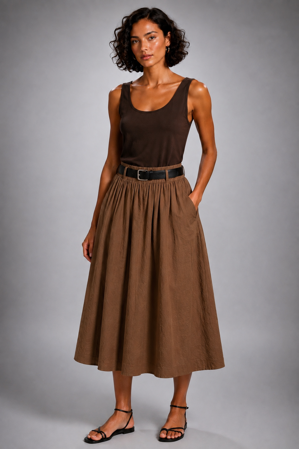Midi skirt with a black leather belt