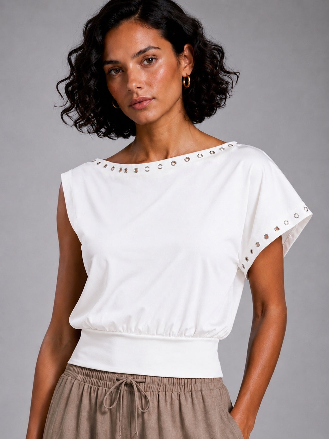 Cowl-neck blouse with metal rings