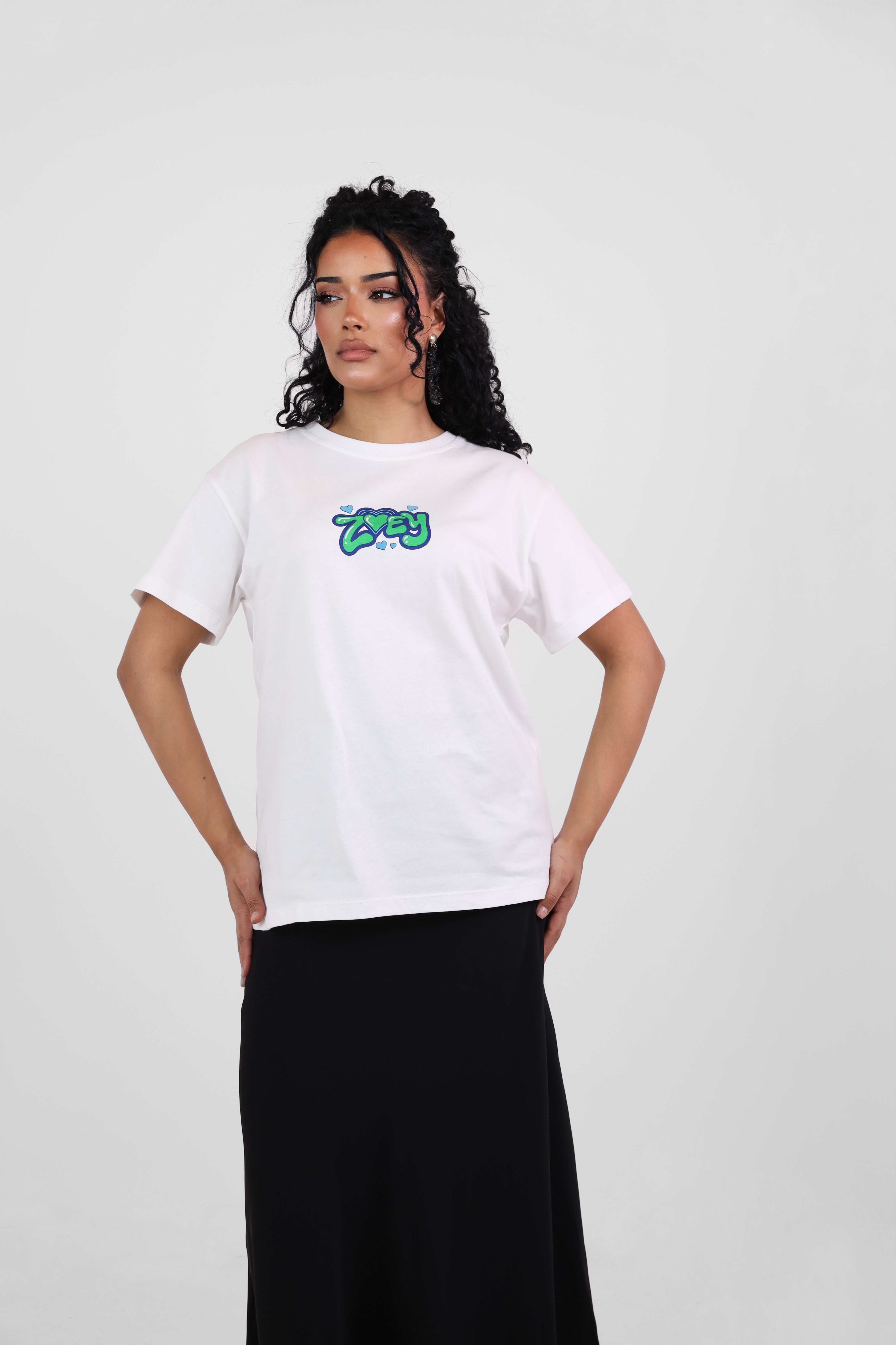 T-shirt with an anime drawing on the back and the words "ZOEY"