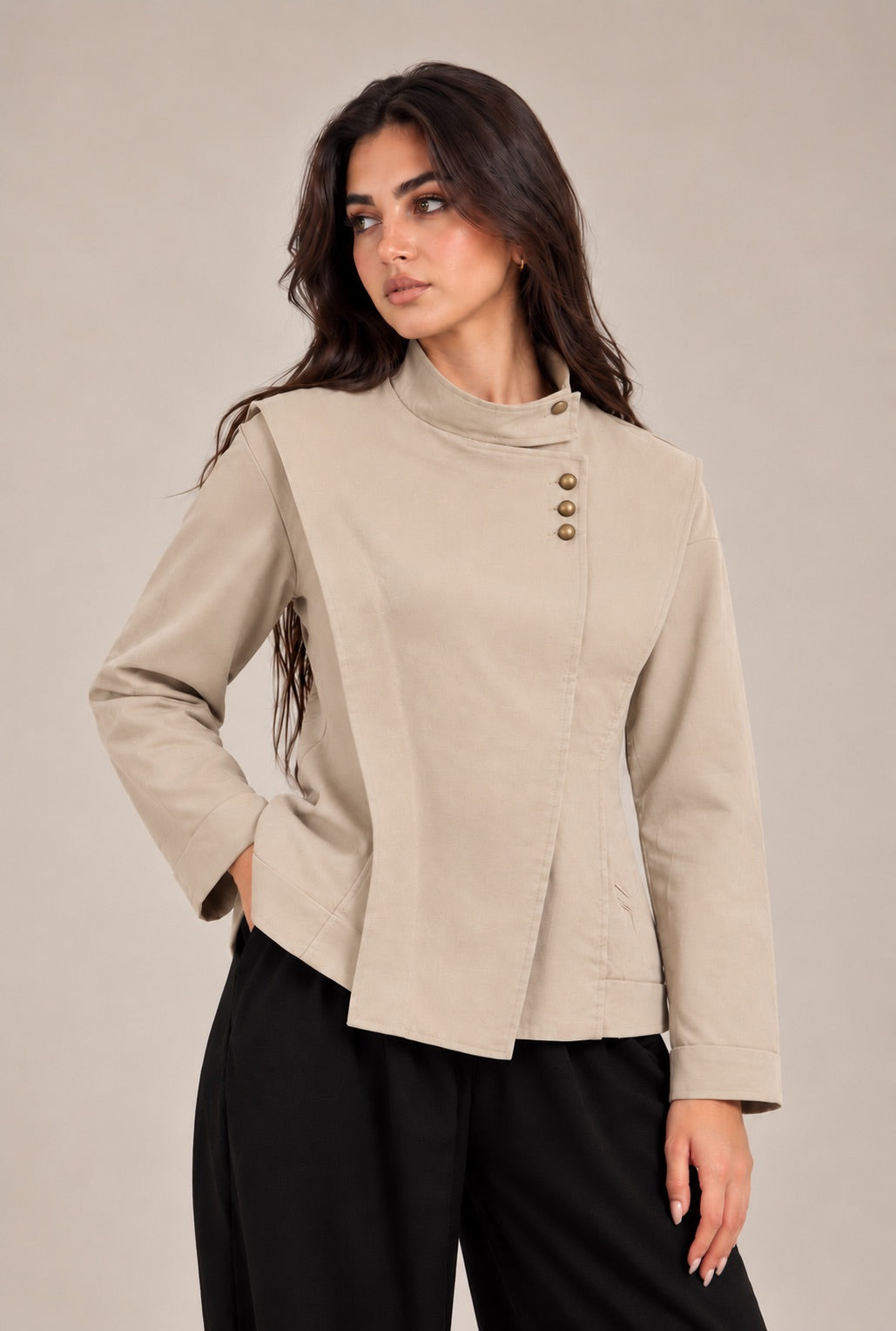 Midi jacket with a buttoned stand collar