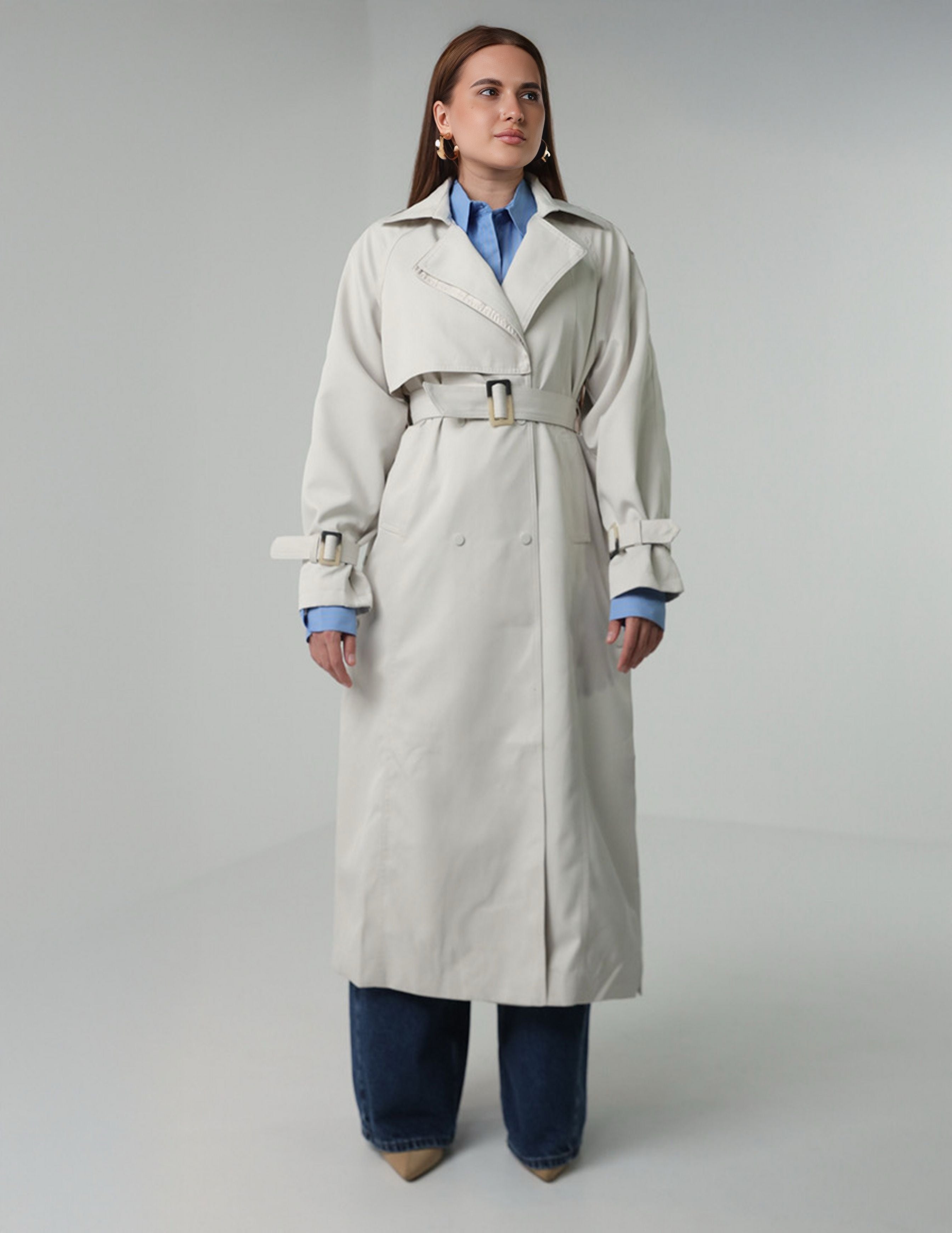 Long Trench Coat with Waist Belt