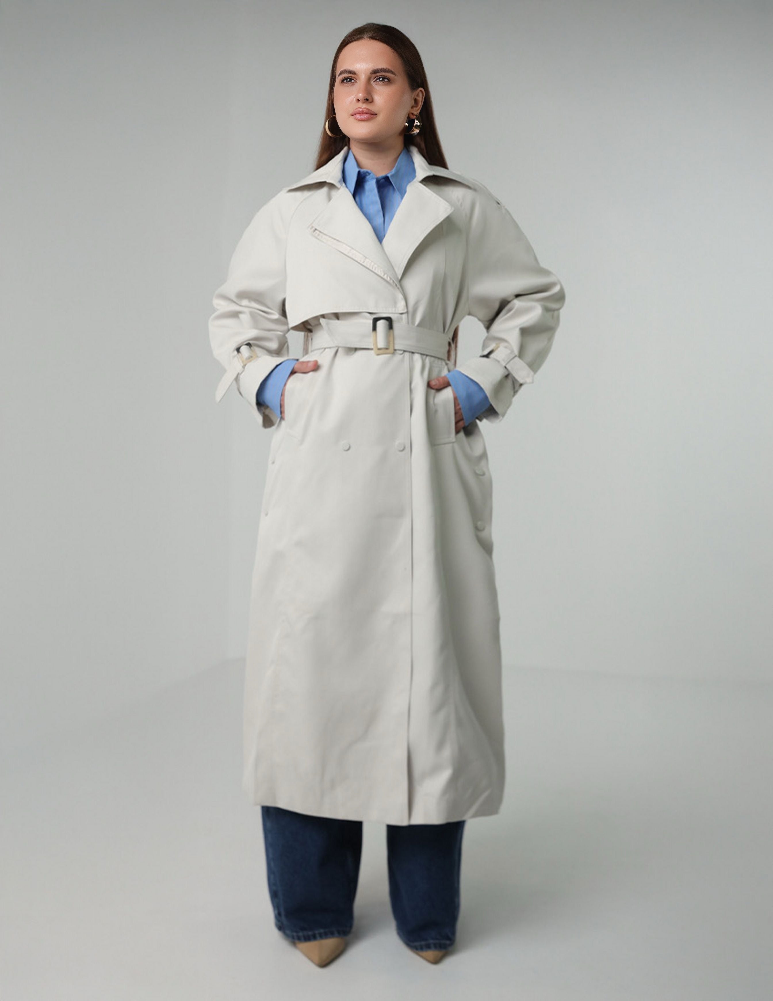 Long Trench Coat with Waist Belt