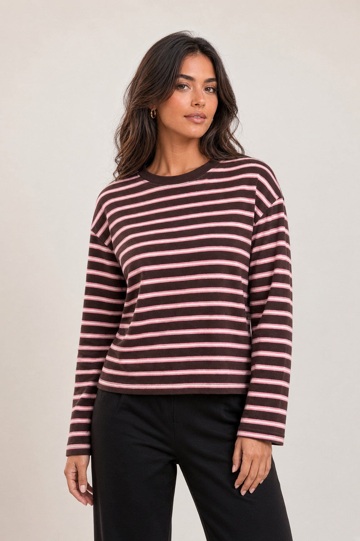 Brown blouse with pink stripes