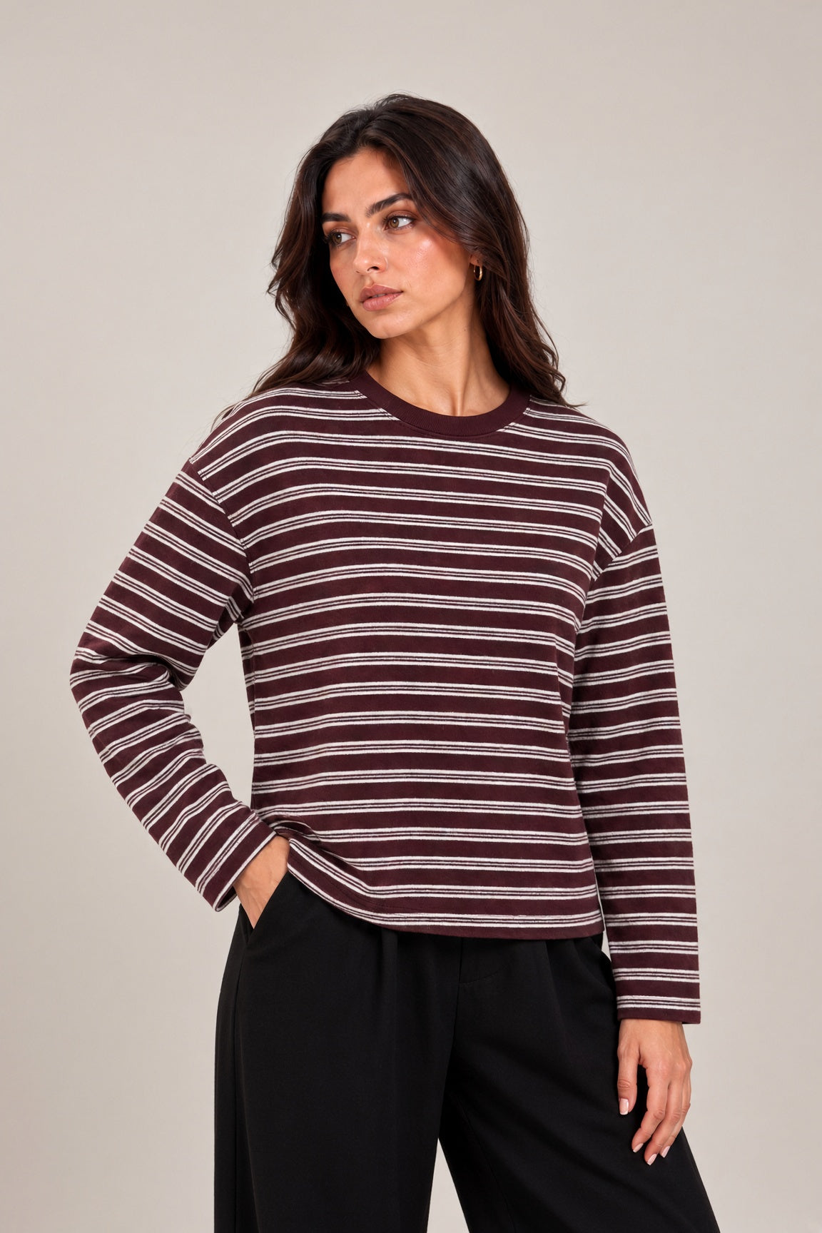 Burgundy blouse with white stripes