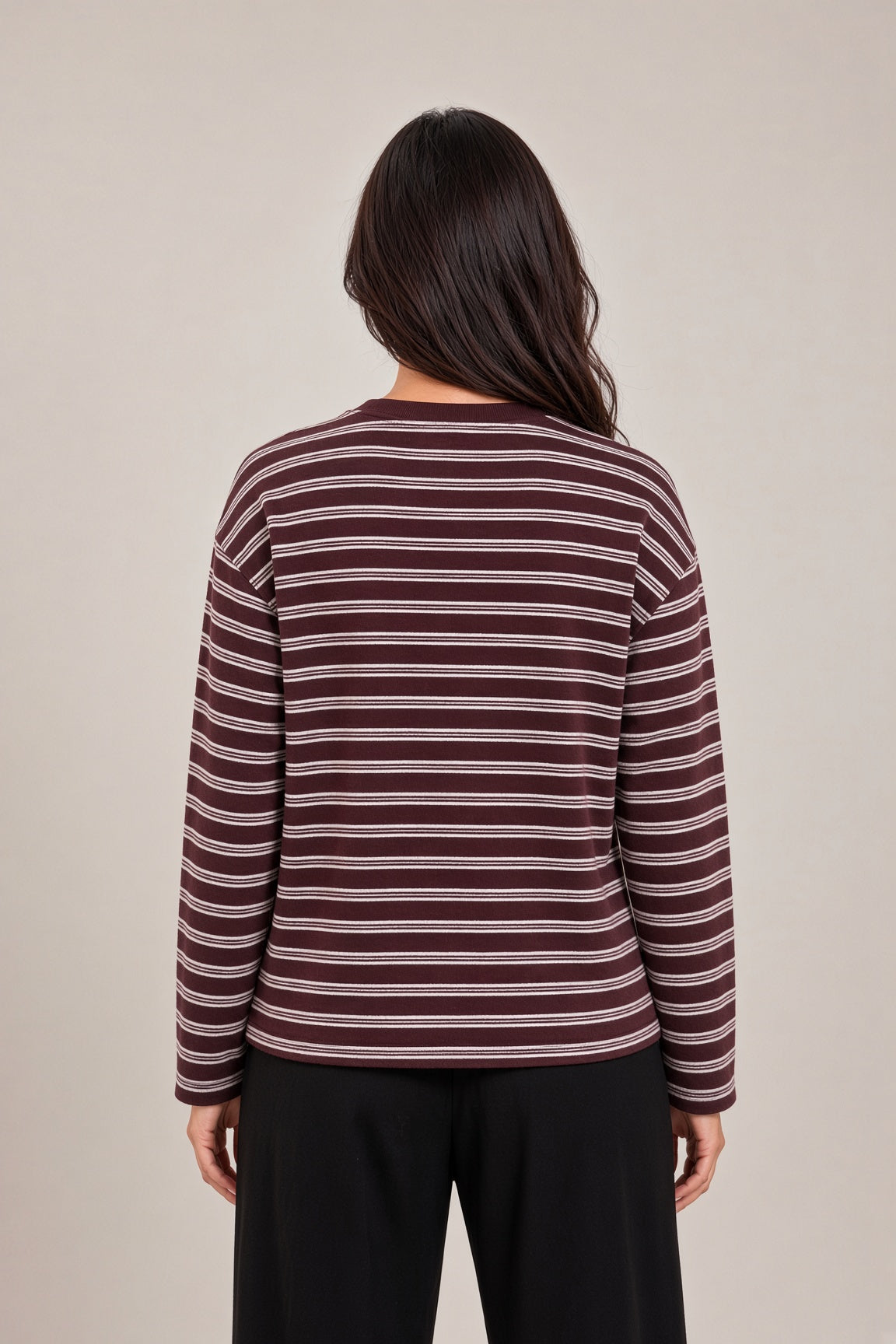 Burgundy blouse with white stripes