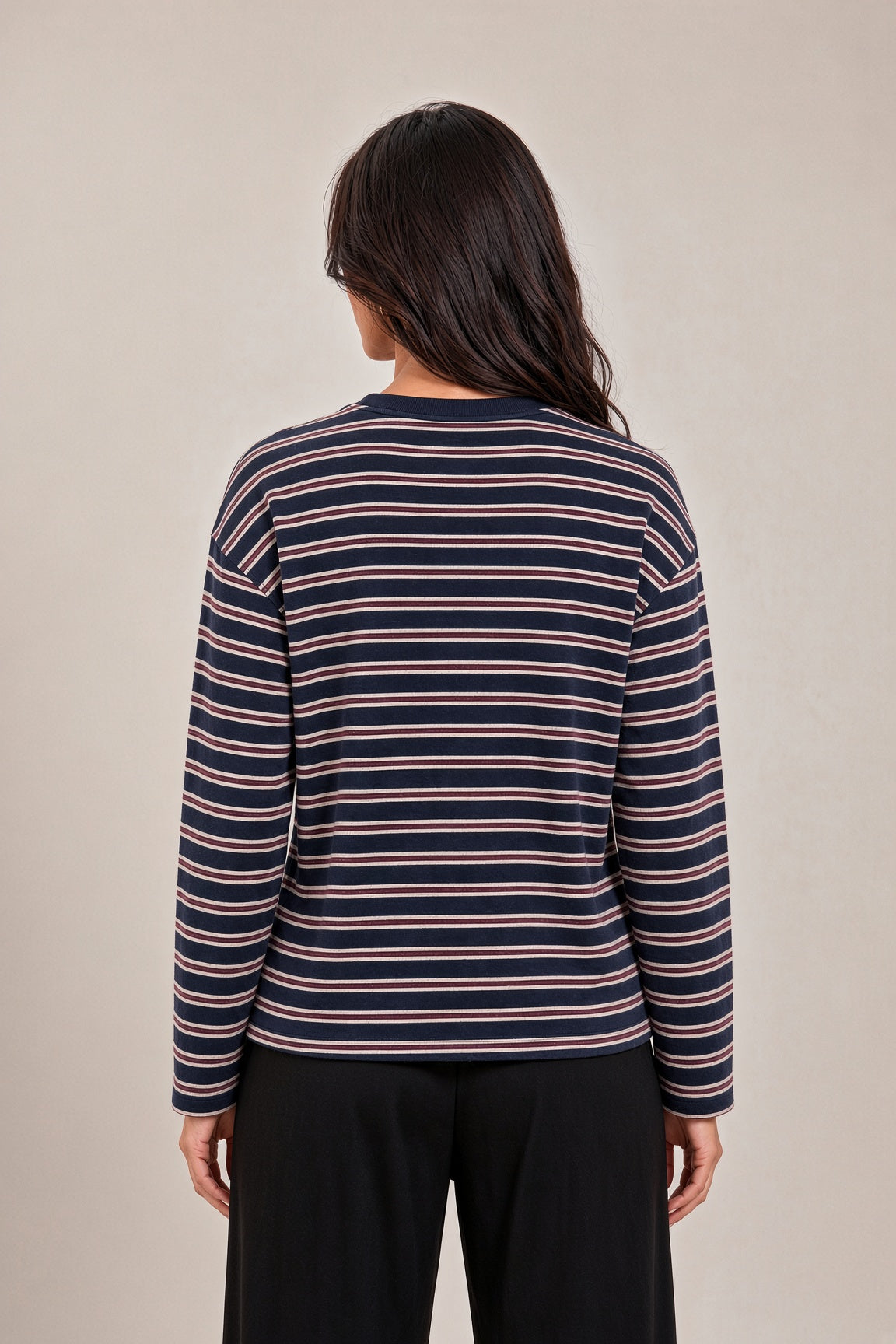 Navy blue blouse with burgundy stripes