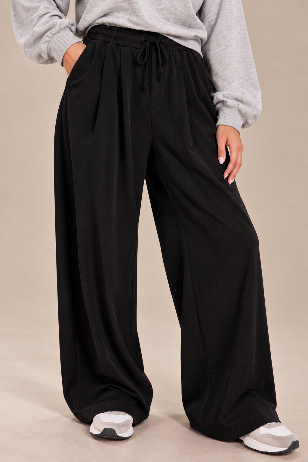 Black Wide leg Sweatpants with Elastic Waist and Tie