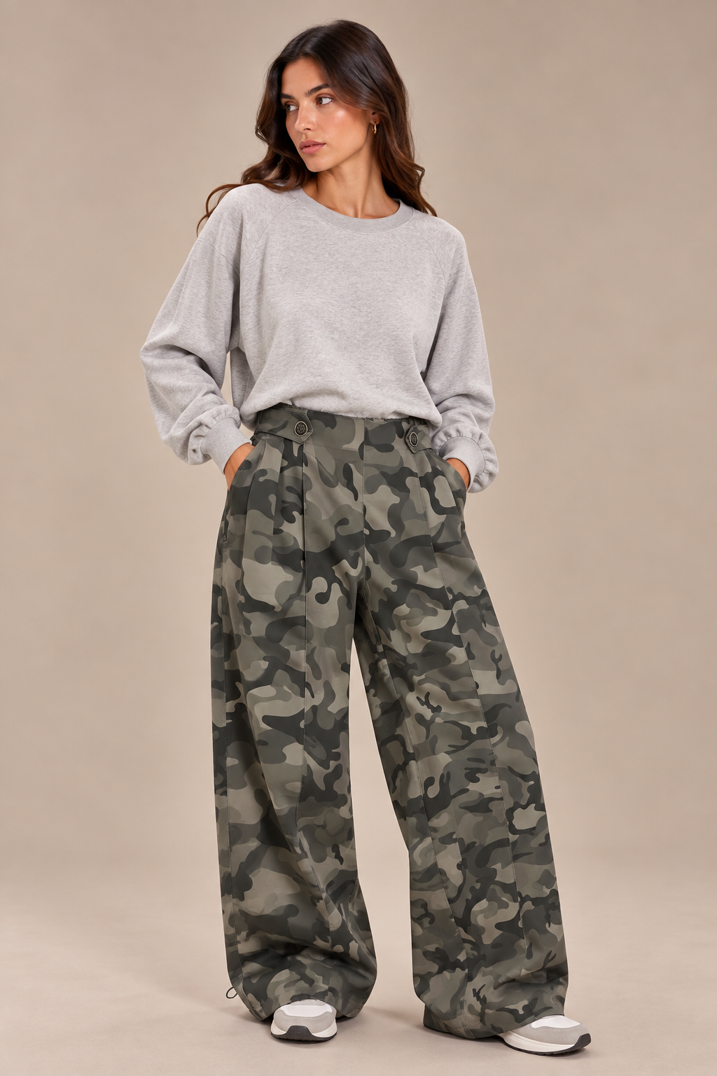 Army-style wide leg sweatpants with side buttons