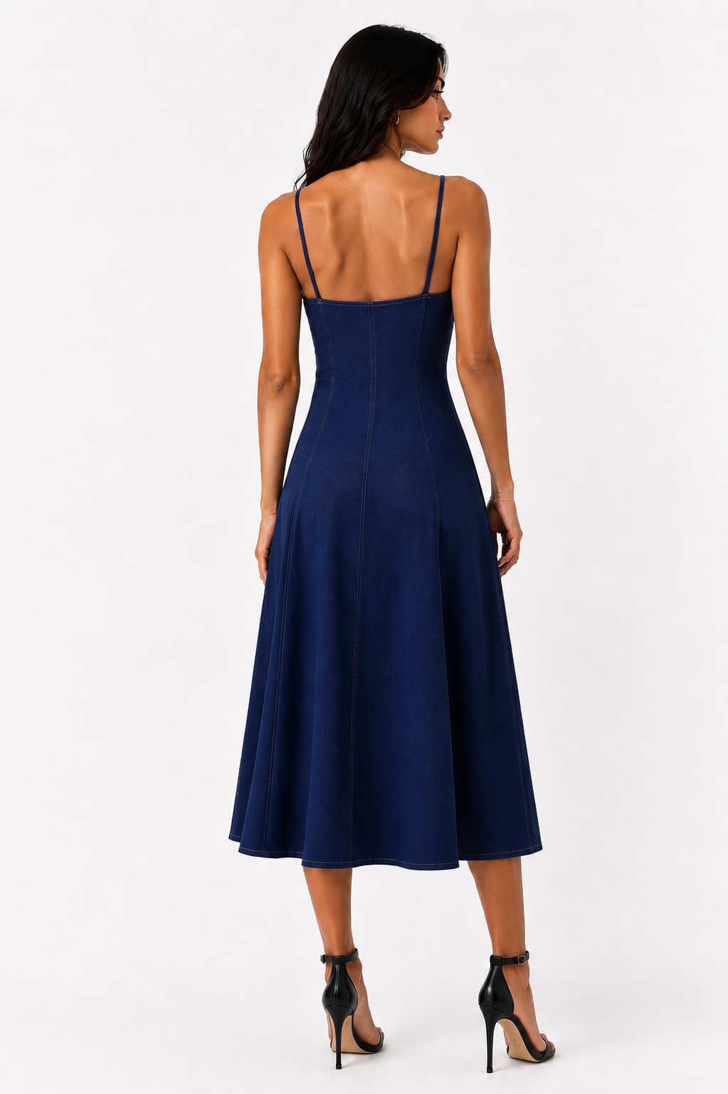 Teal sleeveless midi dress with a V-neck and honey-colored stitching.
