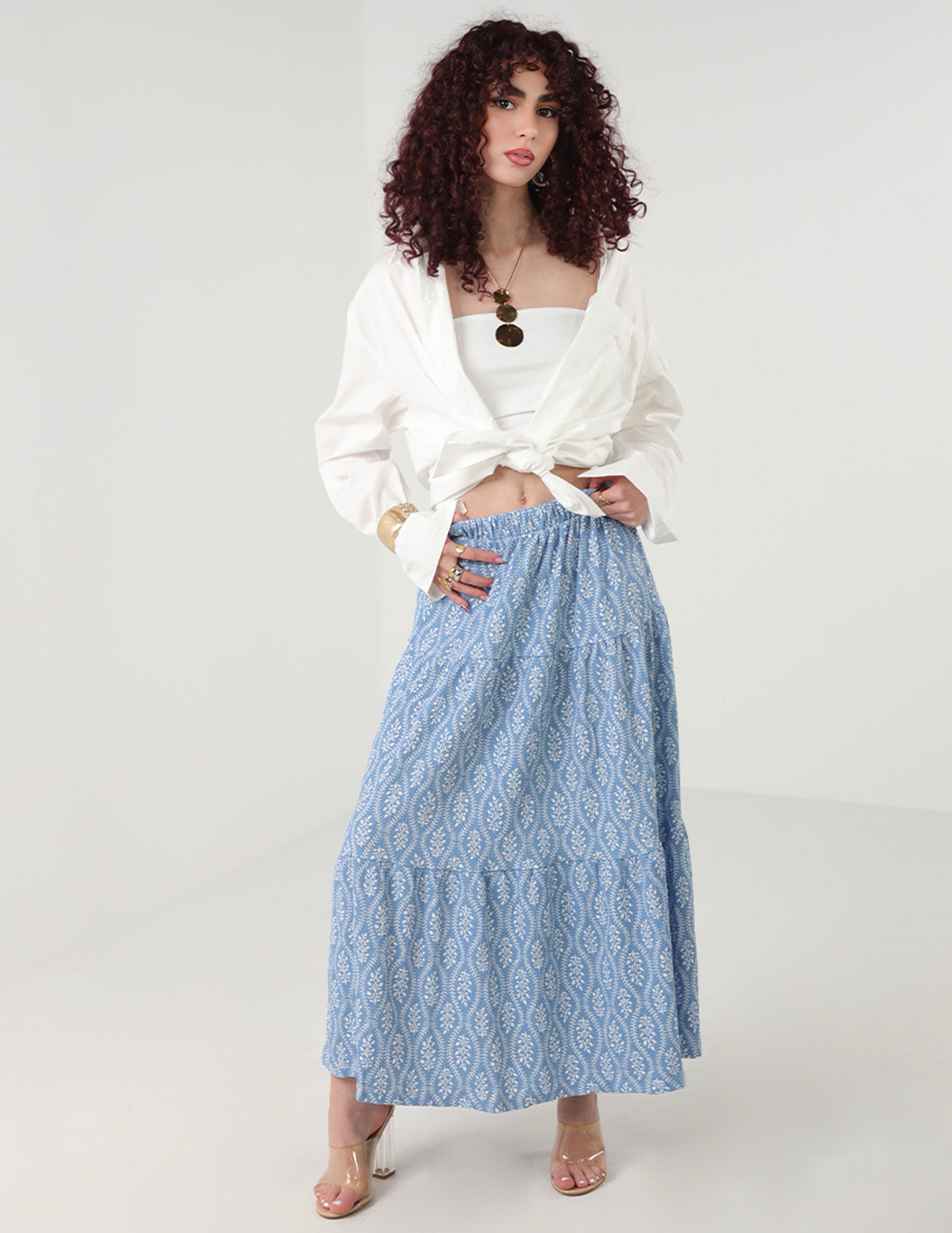 Long Printed Blue Skirt