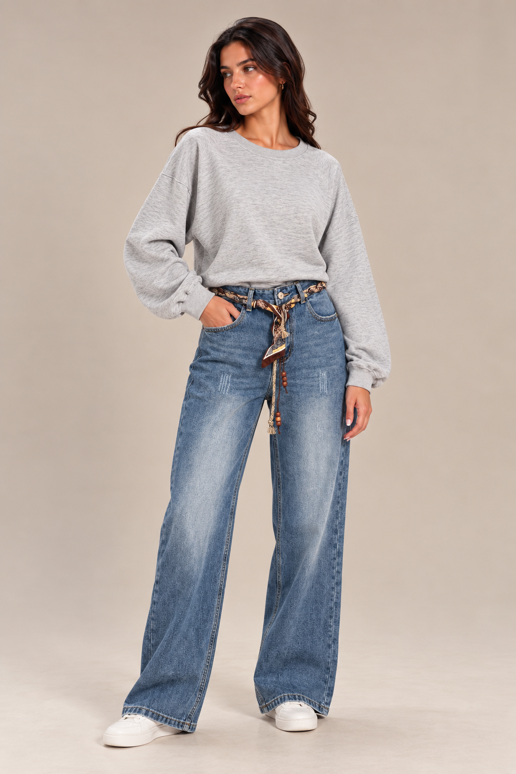 Straight jeans with a scarf belt