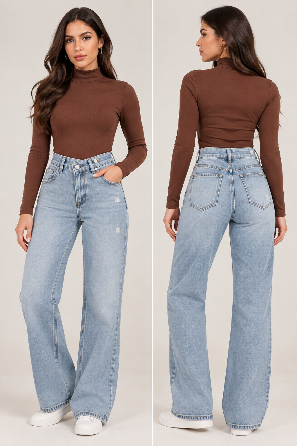 Straight cut jeans with two diagonal buttons