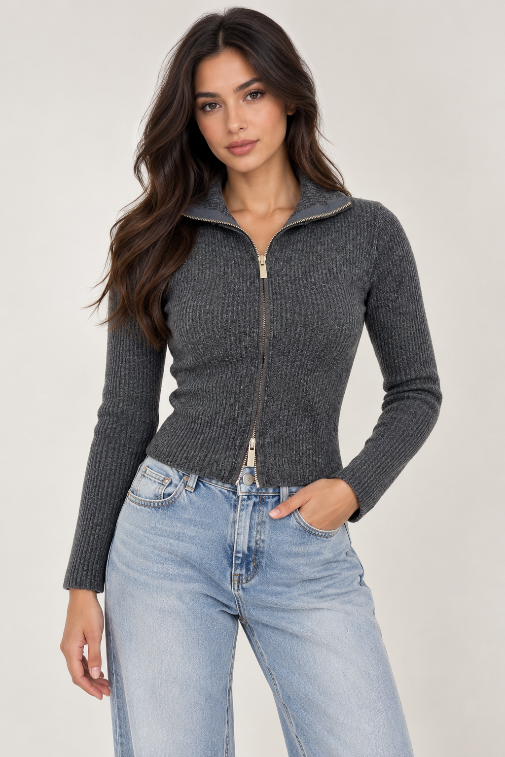 Soft ribbed fleece sweatshirt with front zipper