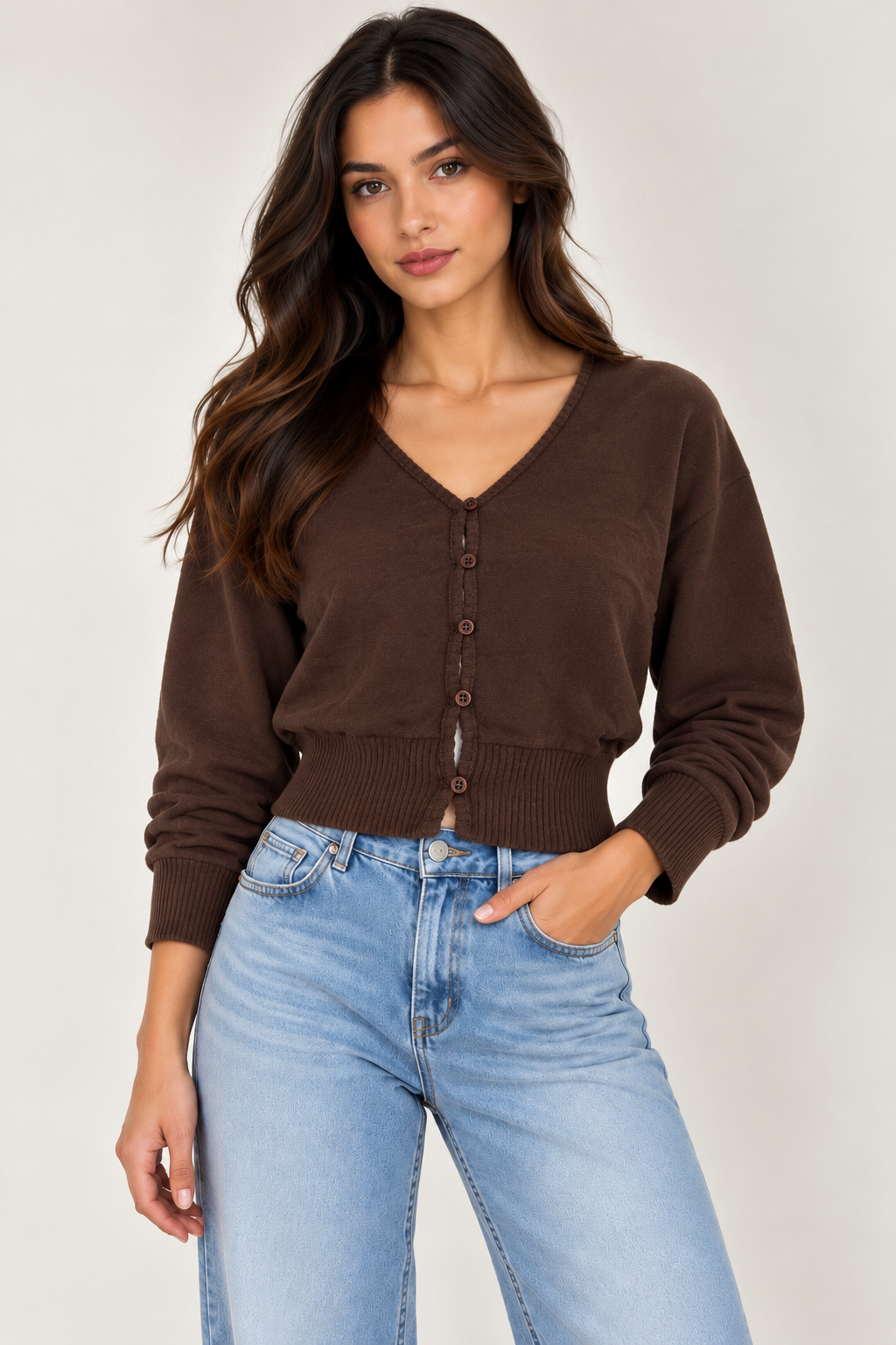 Wool cardigan with a V-neck and button closure.