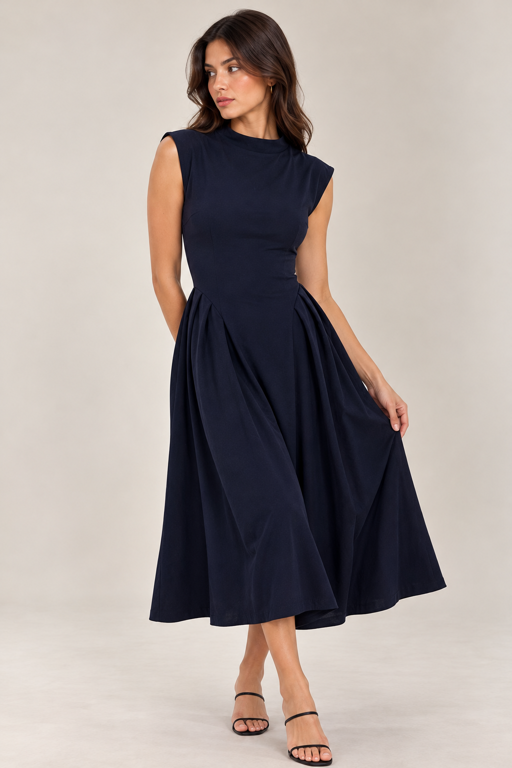 Long dress with a jewel neckline and side ruffles