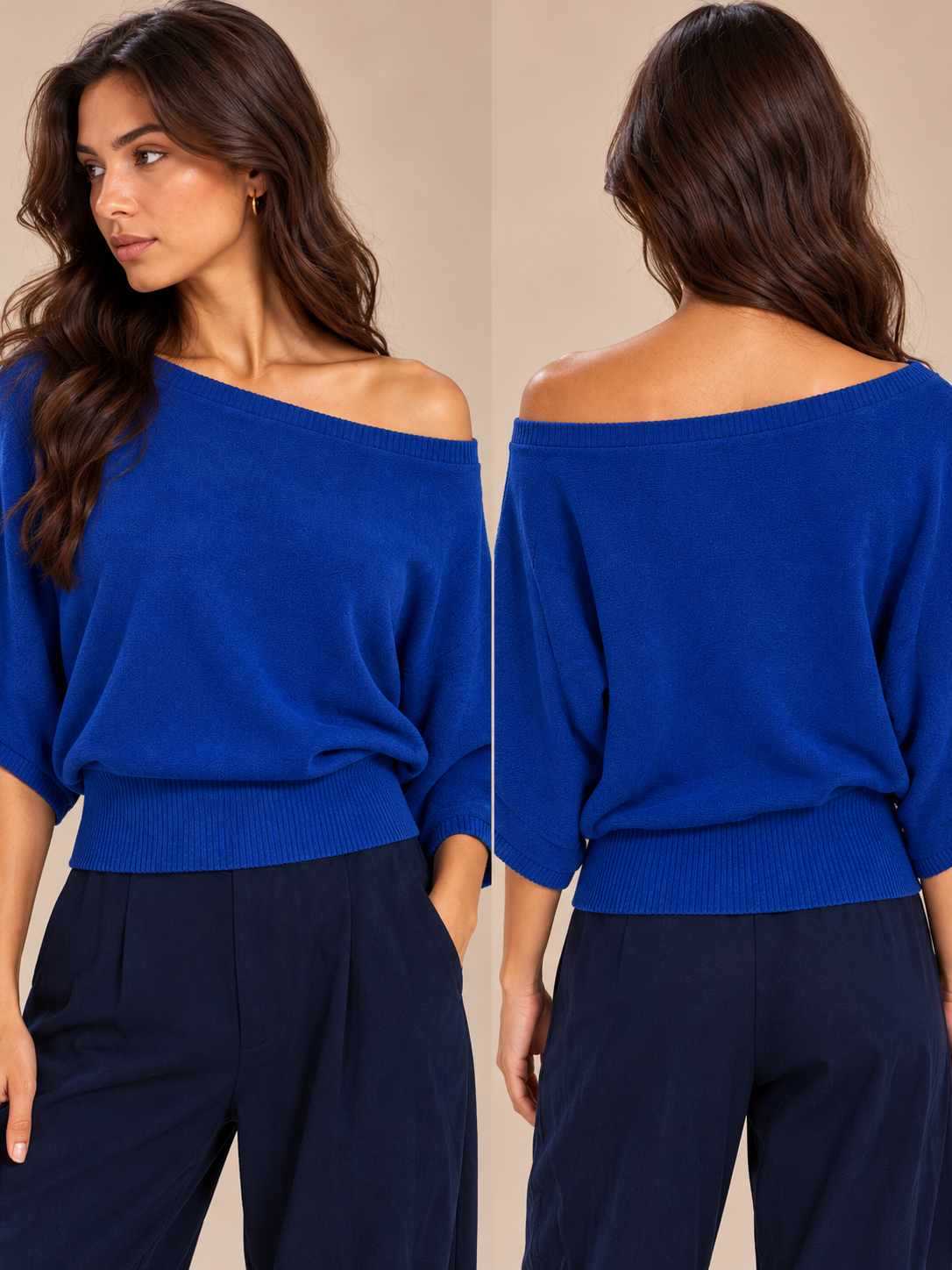 Off-the-shoulder wool blouse with wide cape sleeves