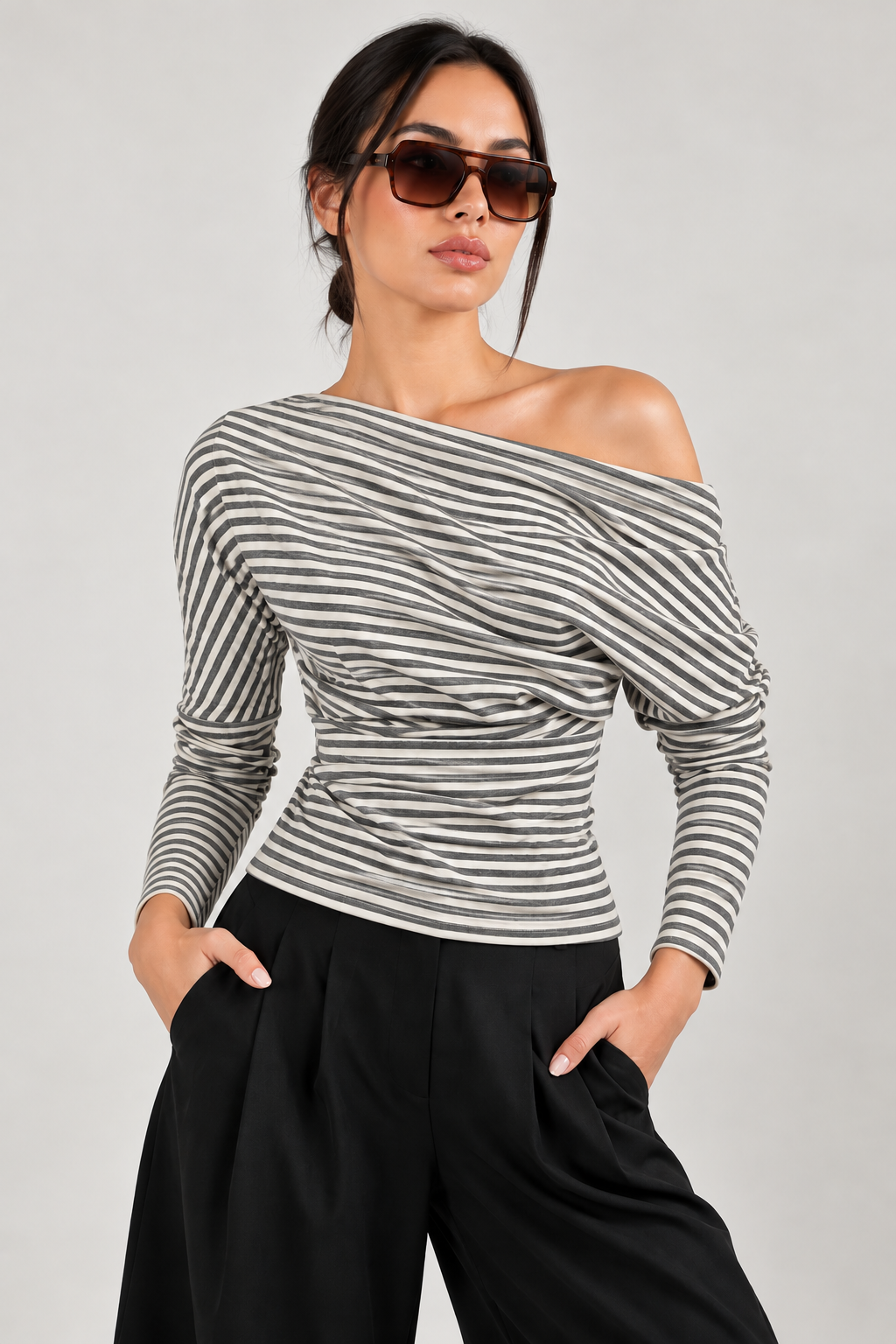 Off-shoulder blouse with gray and white striped sleeves