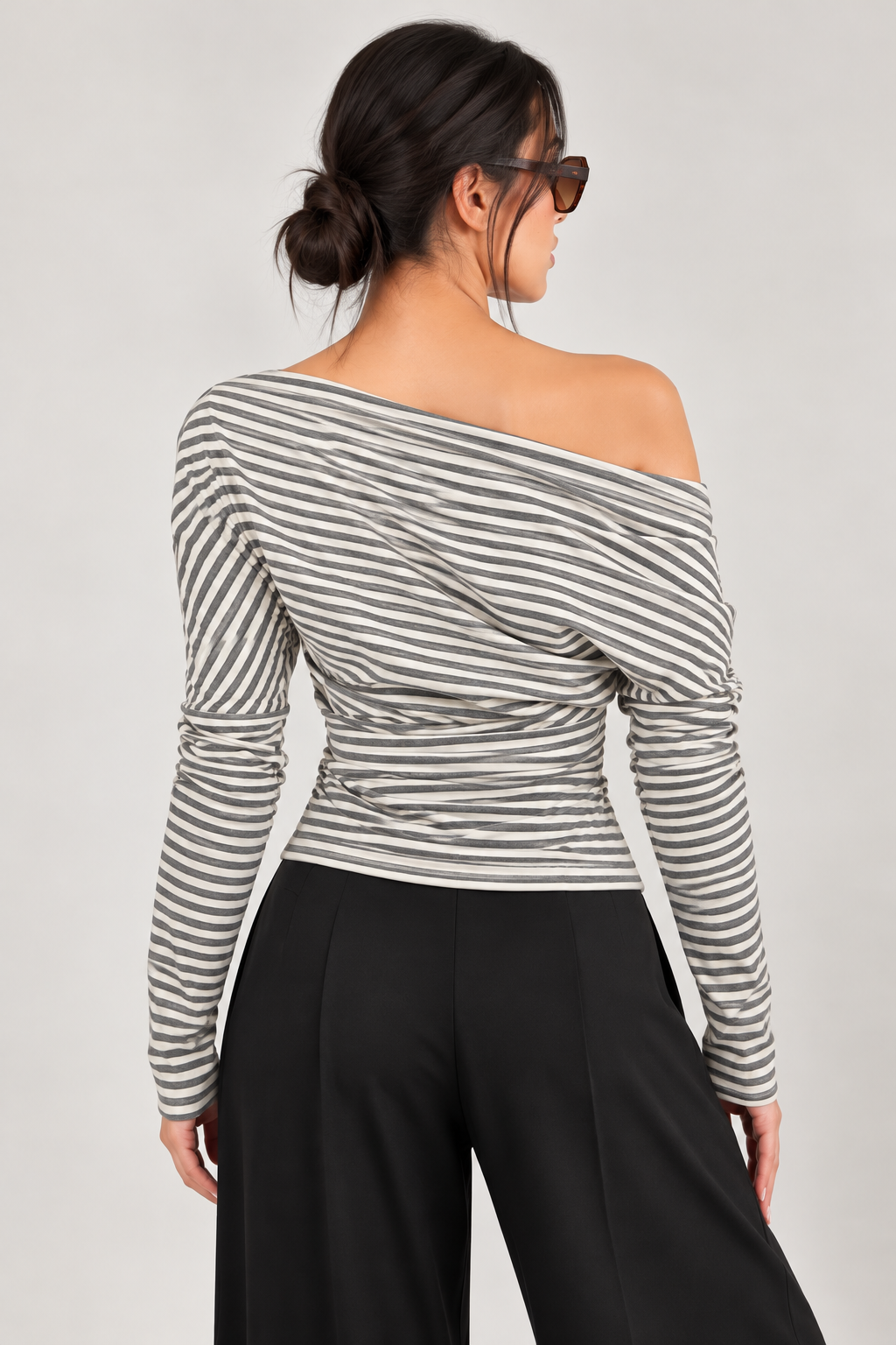 Off-shoulder blouse with gray and white striped sleeves