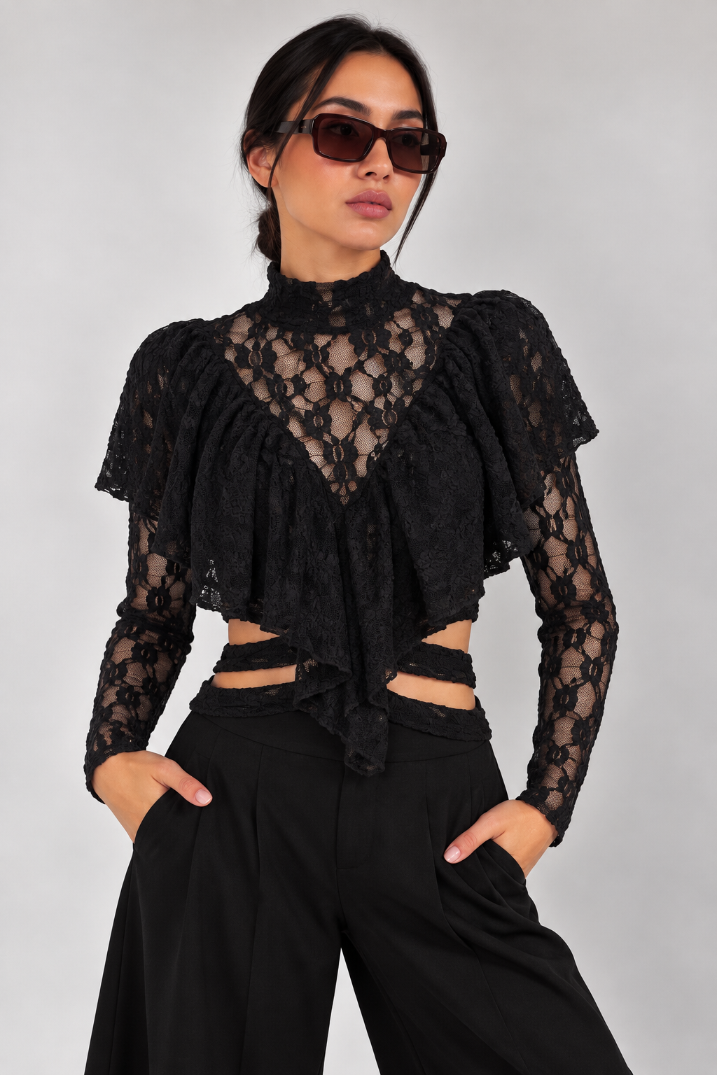 Lace-sleeve top with ruffled bodice and open, tie-front waist