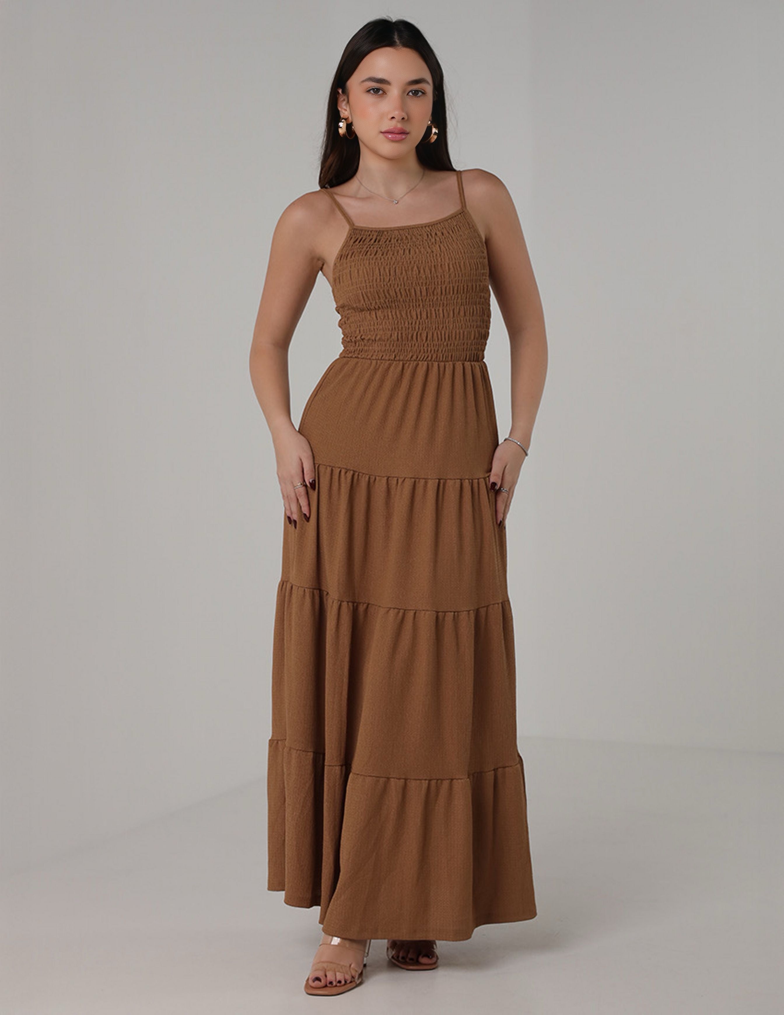 long stretchy dress with tiered layers