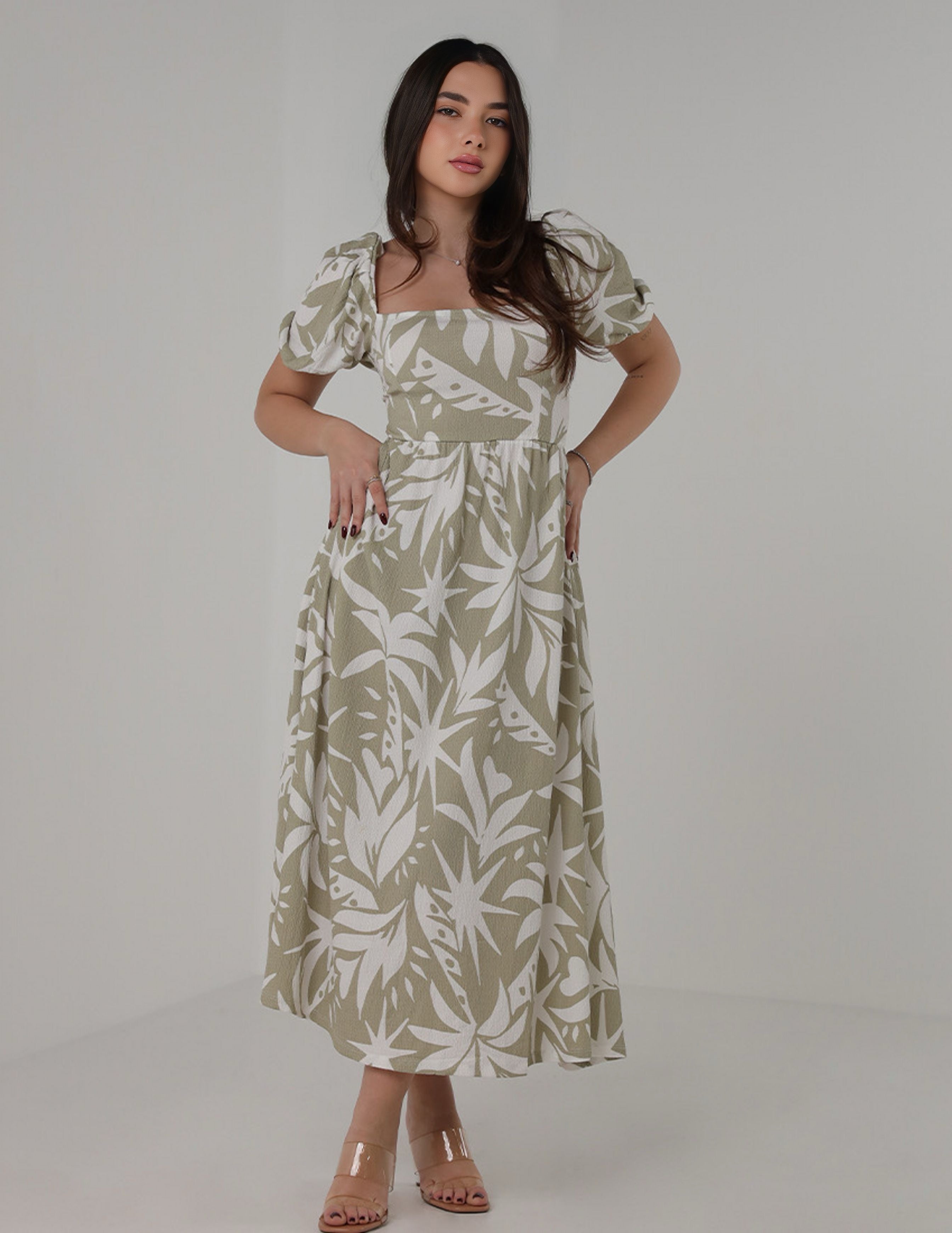 Printed Puff-Sleeve Maxi Dress