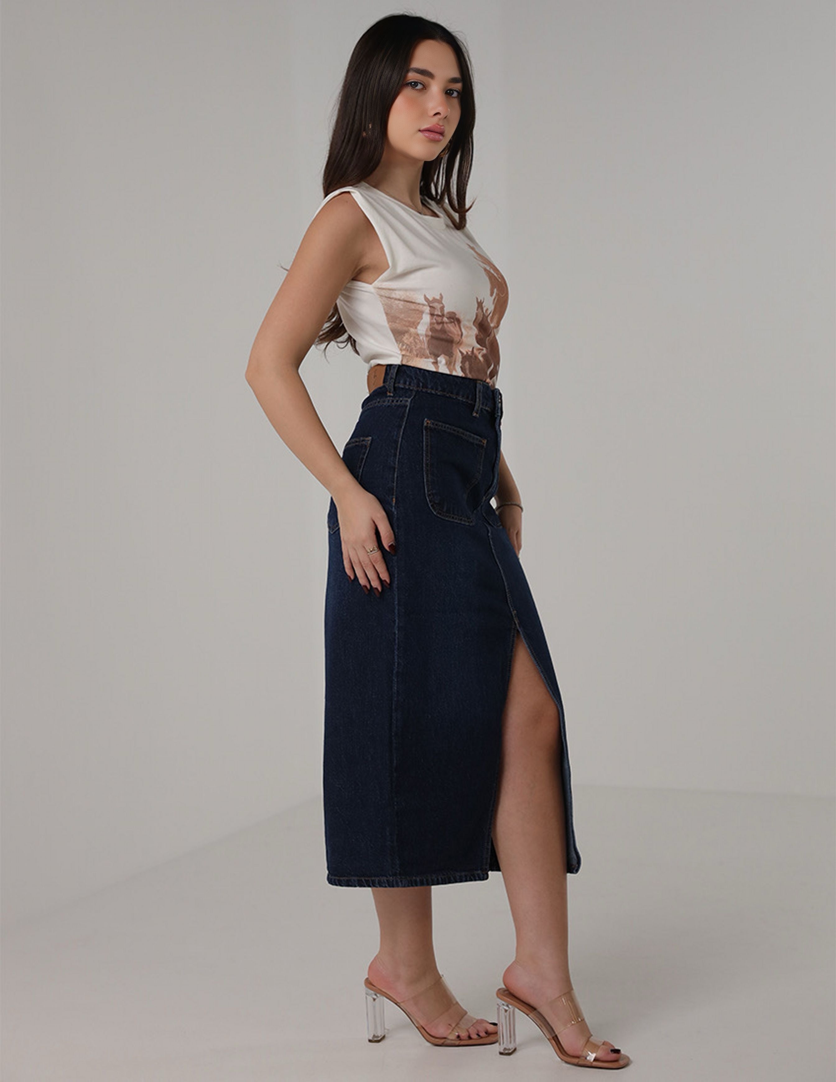 Front-Slit Denim Skirt