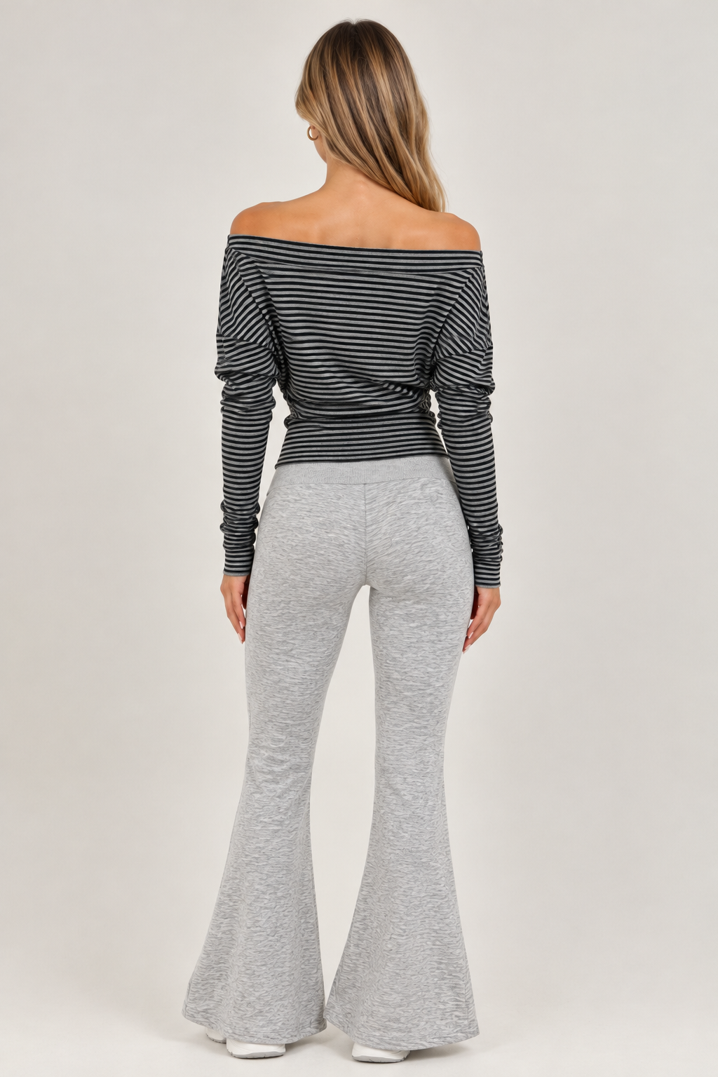 Off-shoulder blouse with black skinny stripes