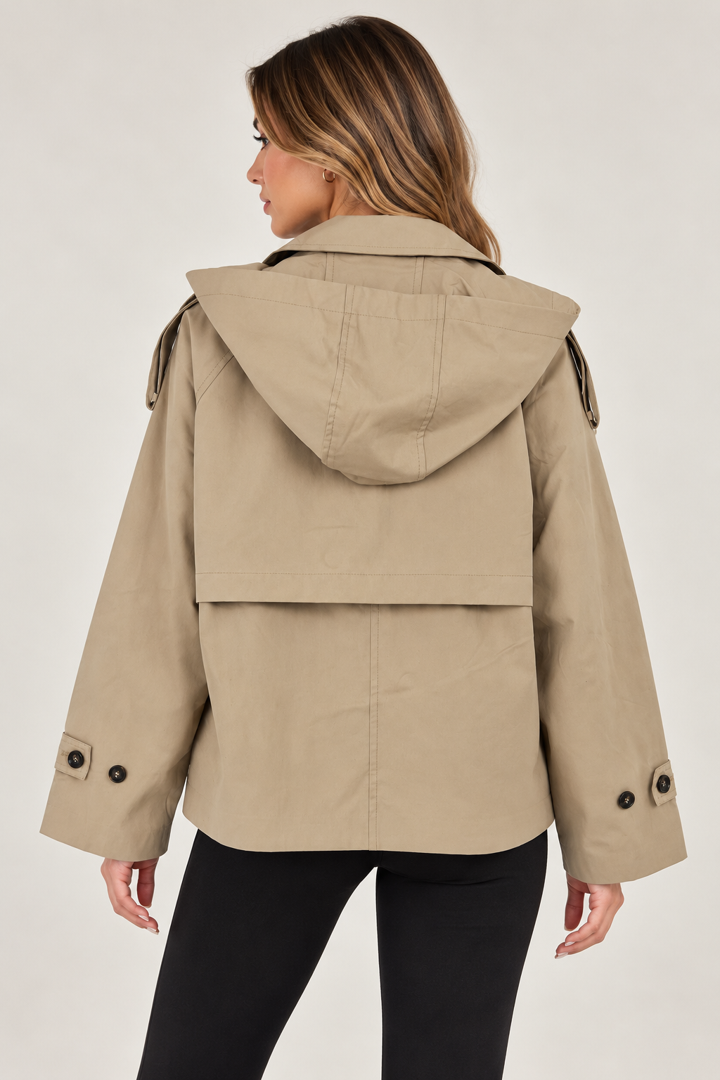 Beige trench coat with button-up front and hood