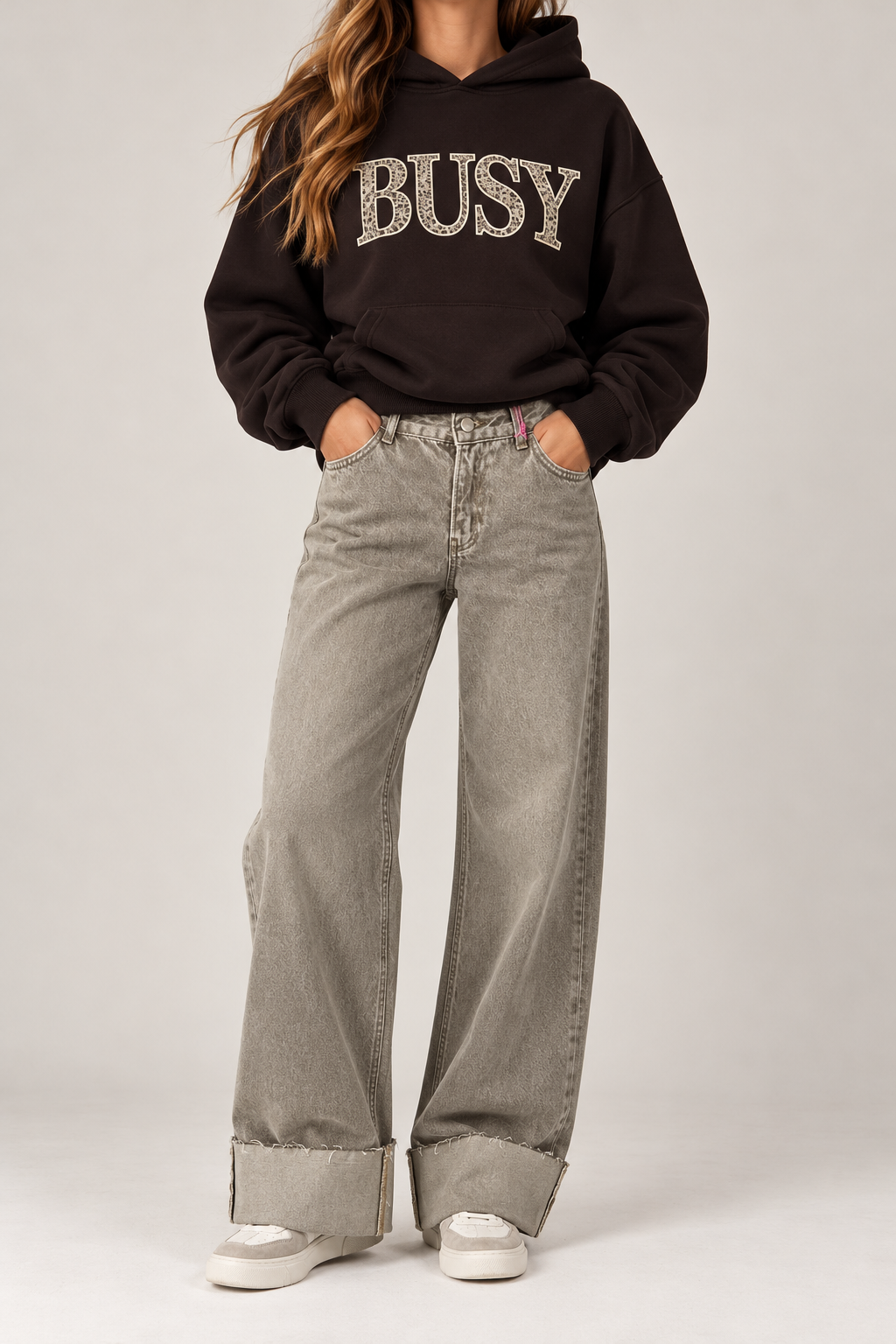 Dirty beige folded-over wide-leg jeans