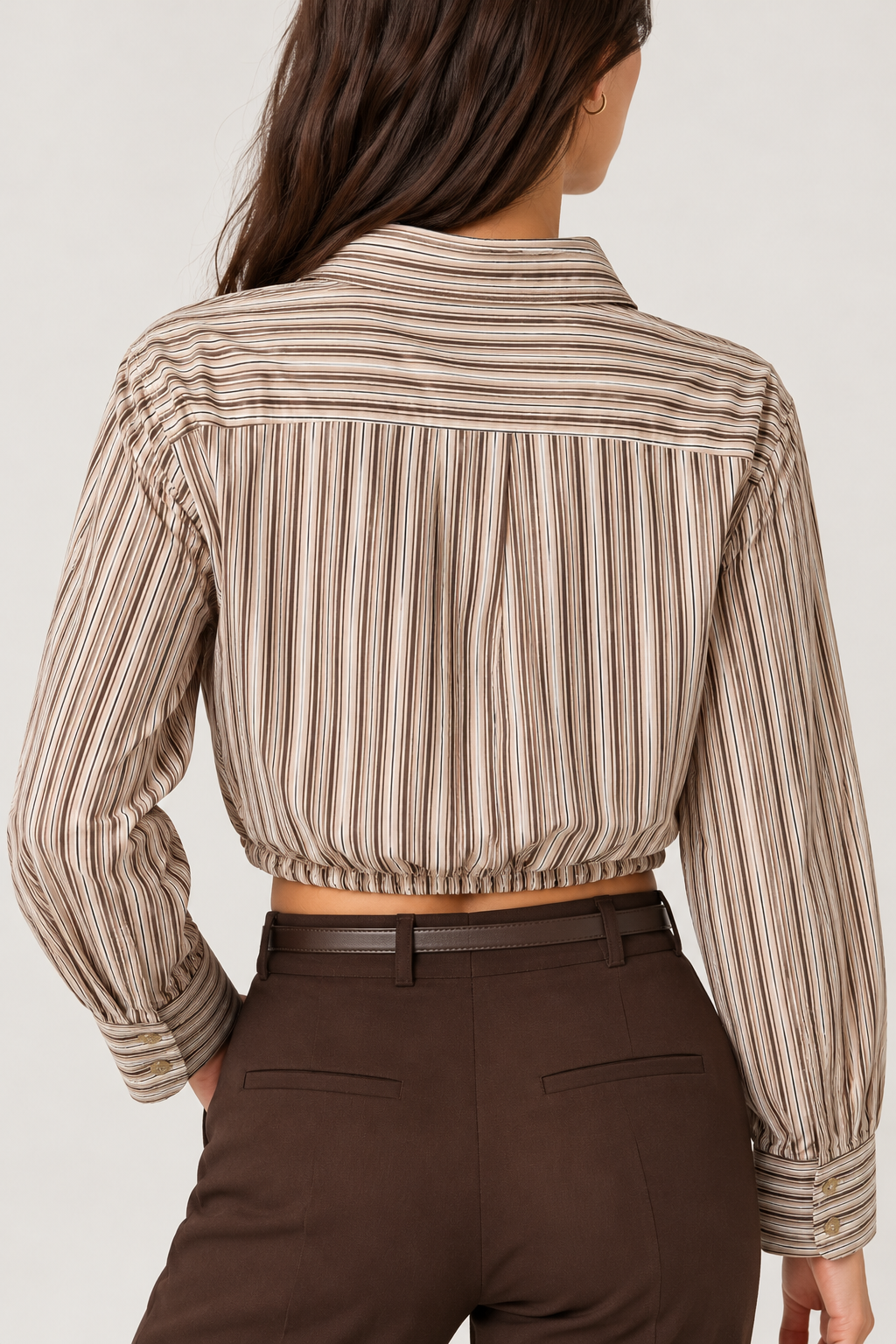 Cropped beige and brown striped shirt with a front pocket