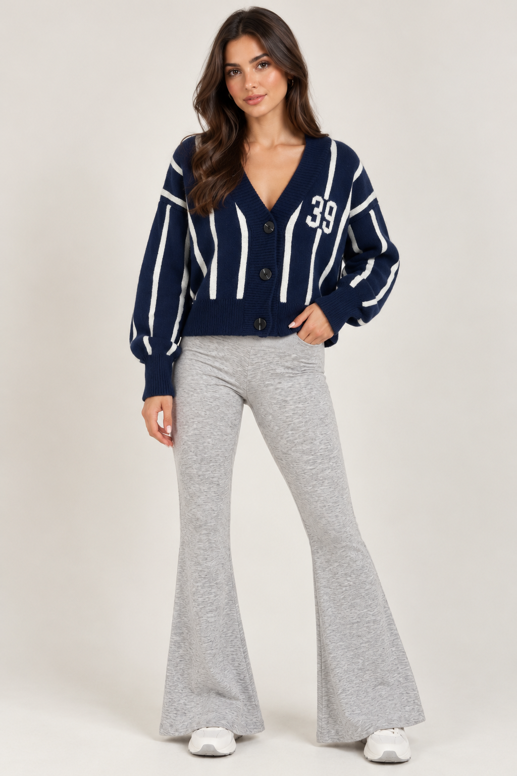 Dark blue wool cardigan with white stripes "EST 1992" " 39"