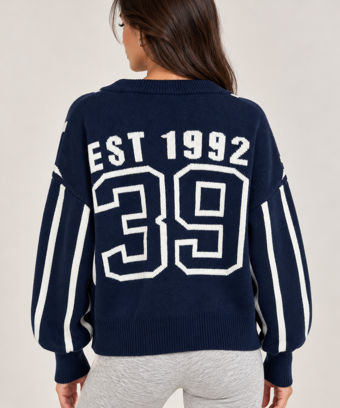 Dark blue wool cardigan with white stripes "EST 1992" " 39"