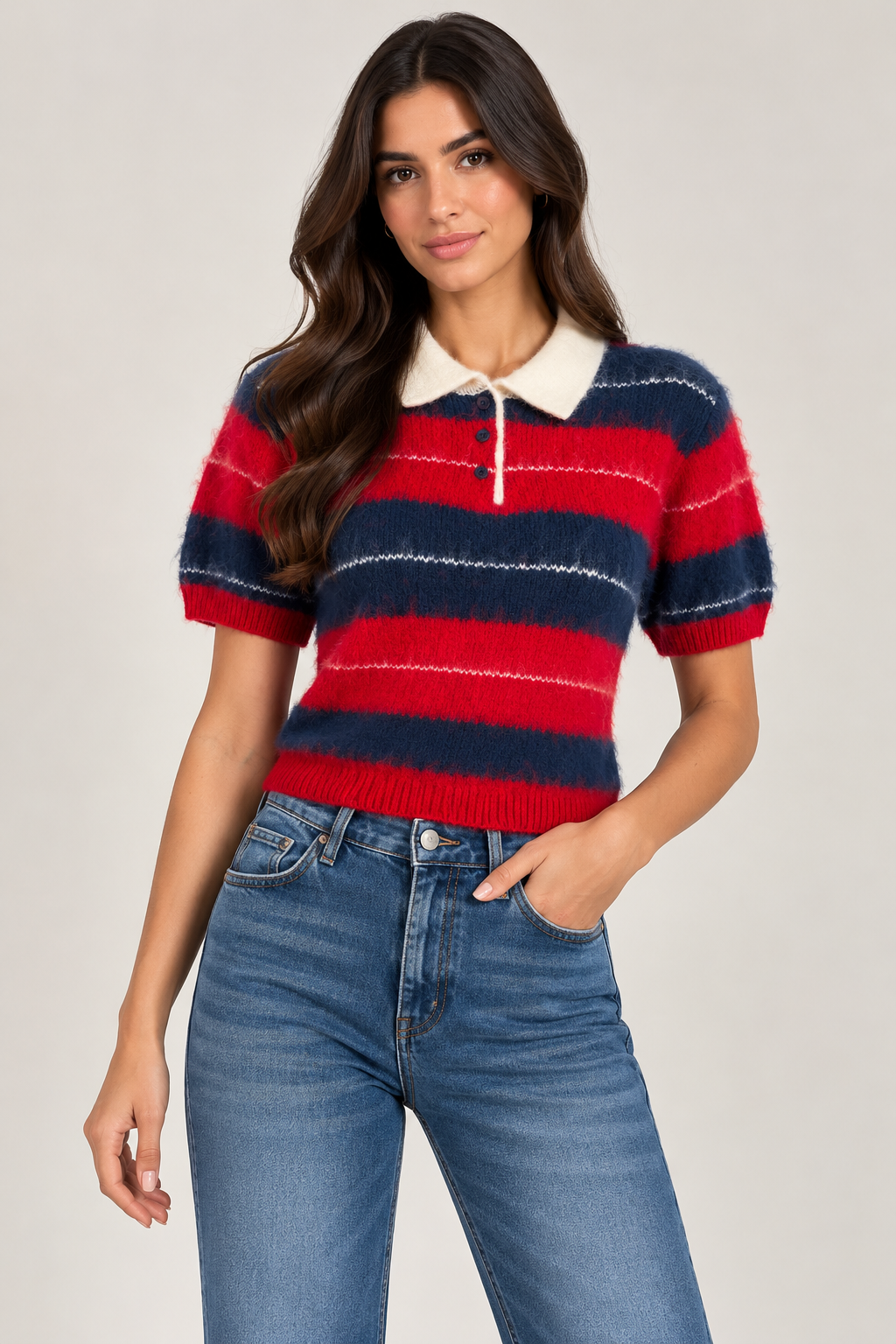 Striped wool T-shirt with a collar and buttons