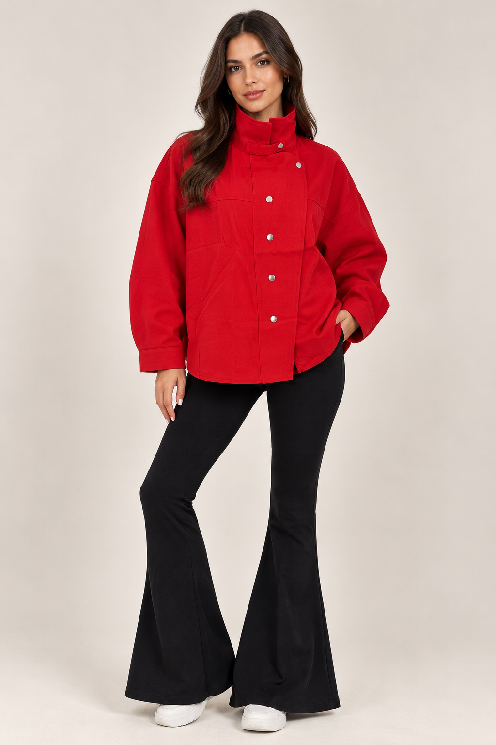 Red shirt with slanted snap buttons on the chest