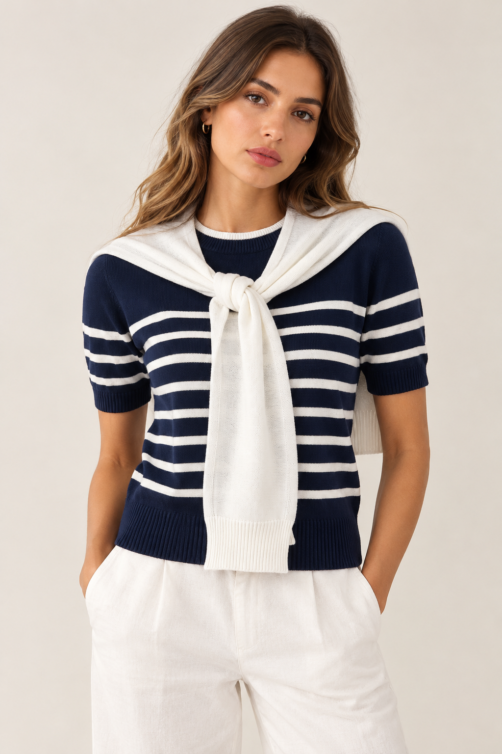 Striped T-shirt with shoulder scarf