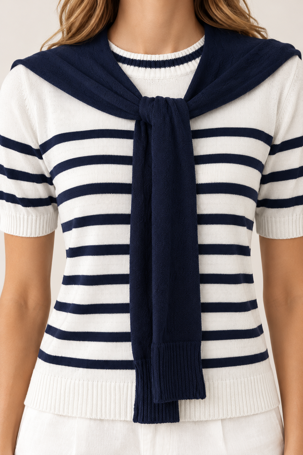 Striped T-shirt with shoulder scarf