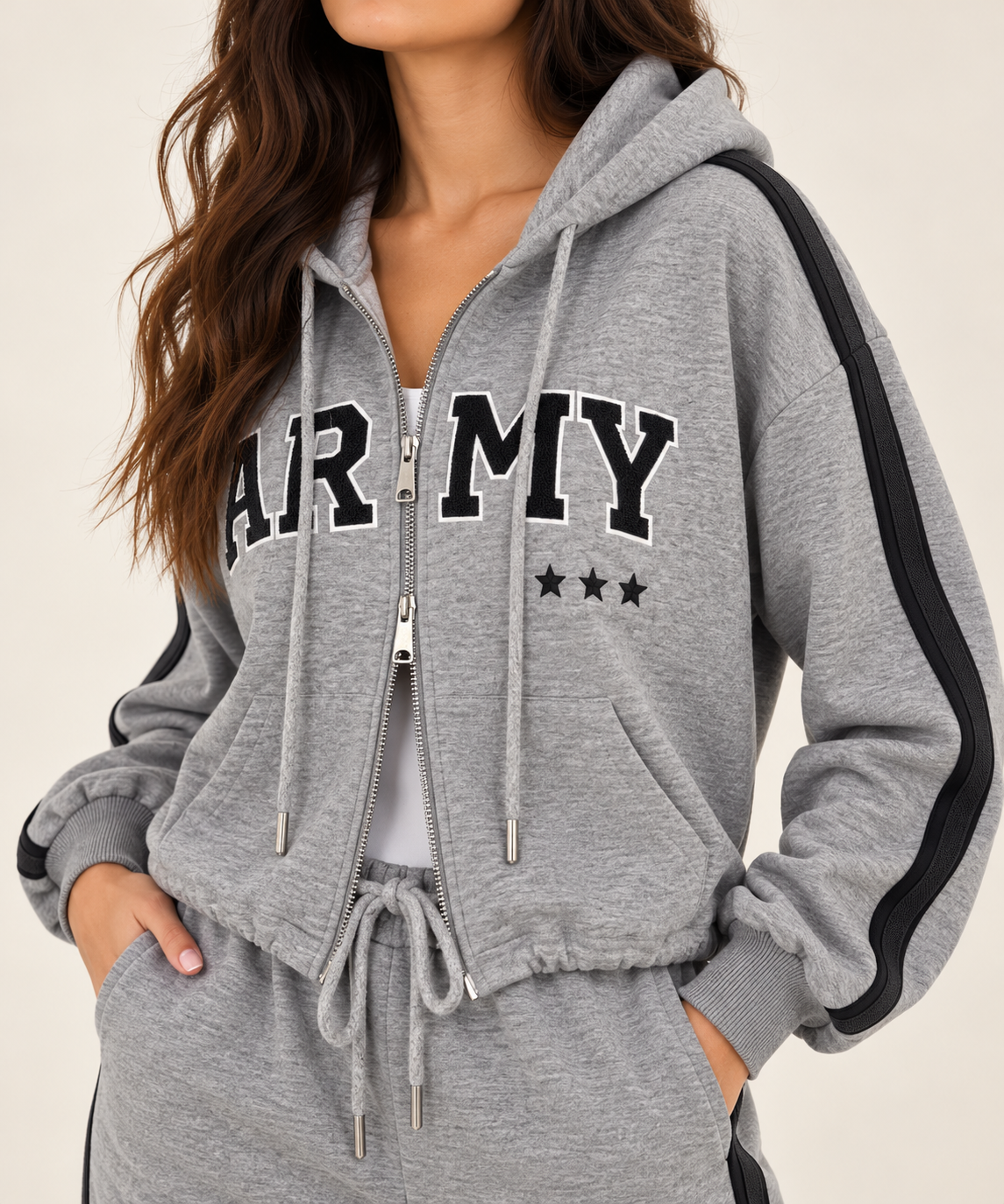 "ARMY" grey sweatshirt with stars, hood, and stripes on the sleeves