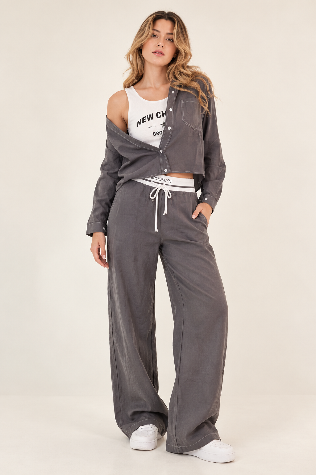 Charcoal crop shirt with a white sleeveless tank top (words)