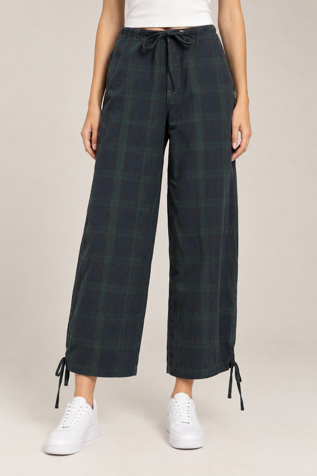 Straight cut trousers, navy and olive green plaid, waist and leg tie