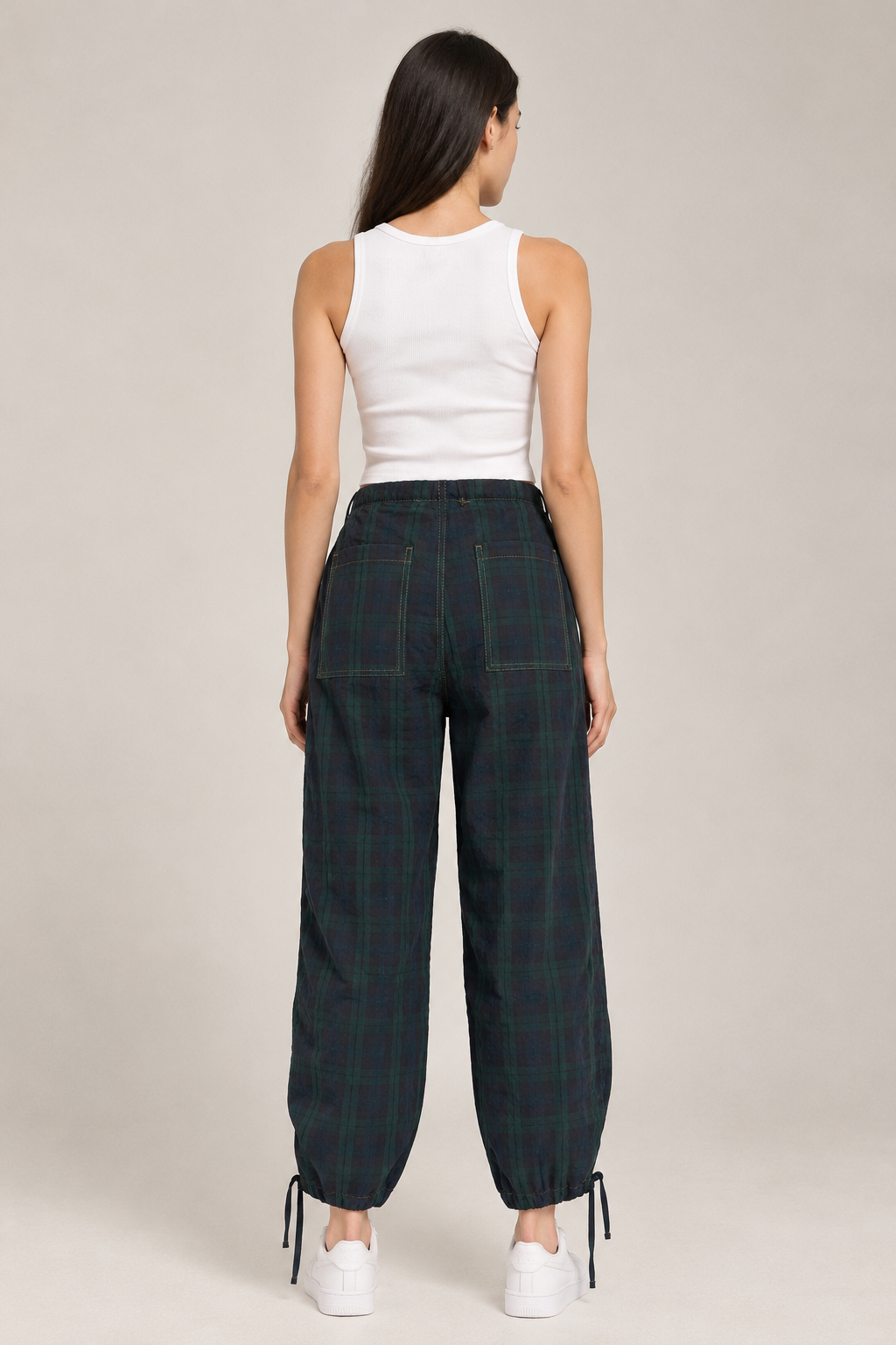Straight cut trousers, navy and olive green plaid, waist and leg tie