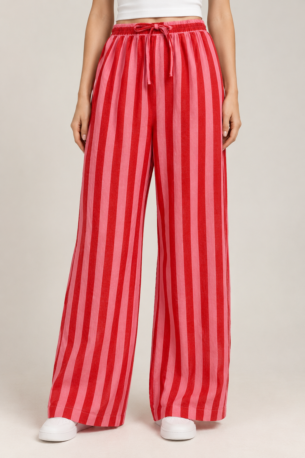 Red and pink striped trousers with elasticated drawstring waist
