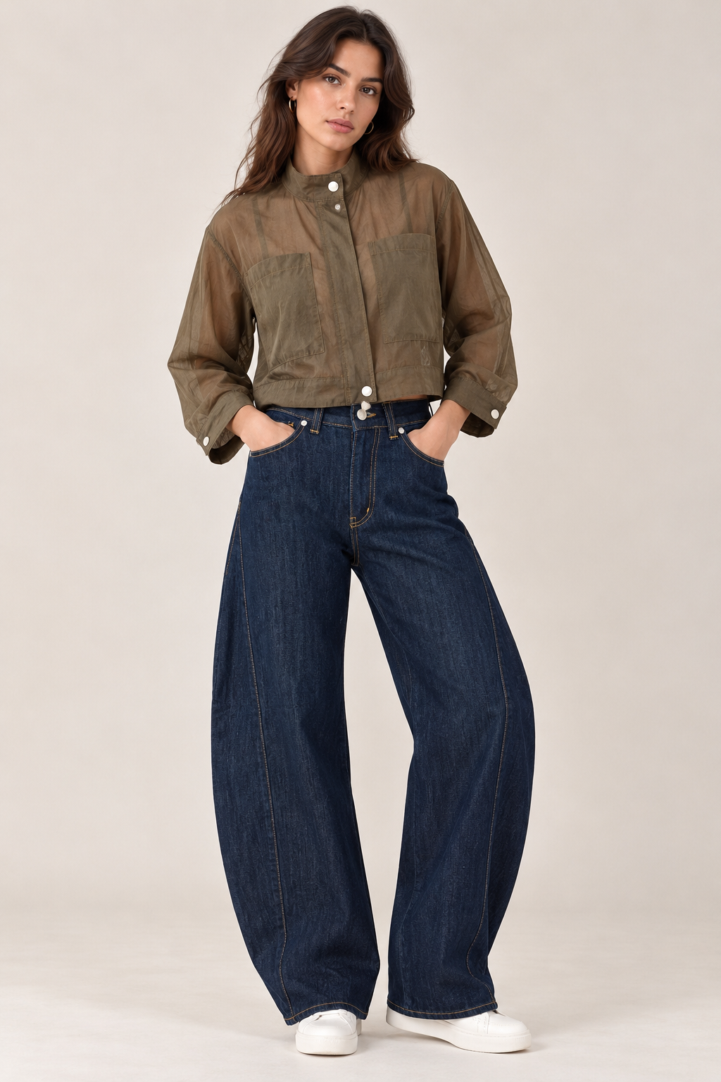 Navy blue balloon jeans with a curved side stripe